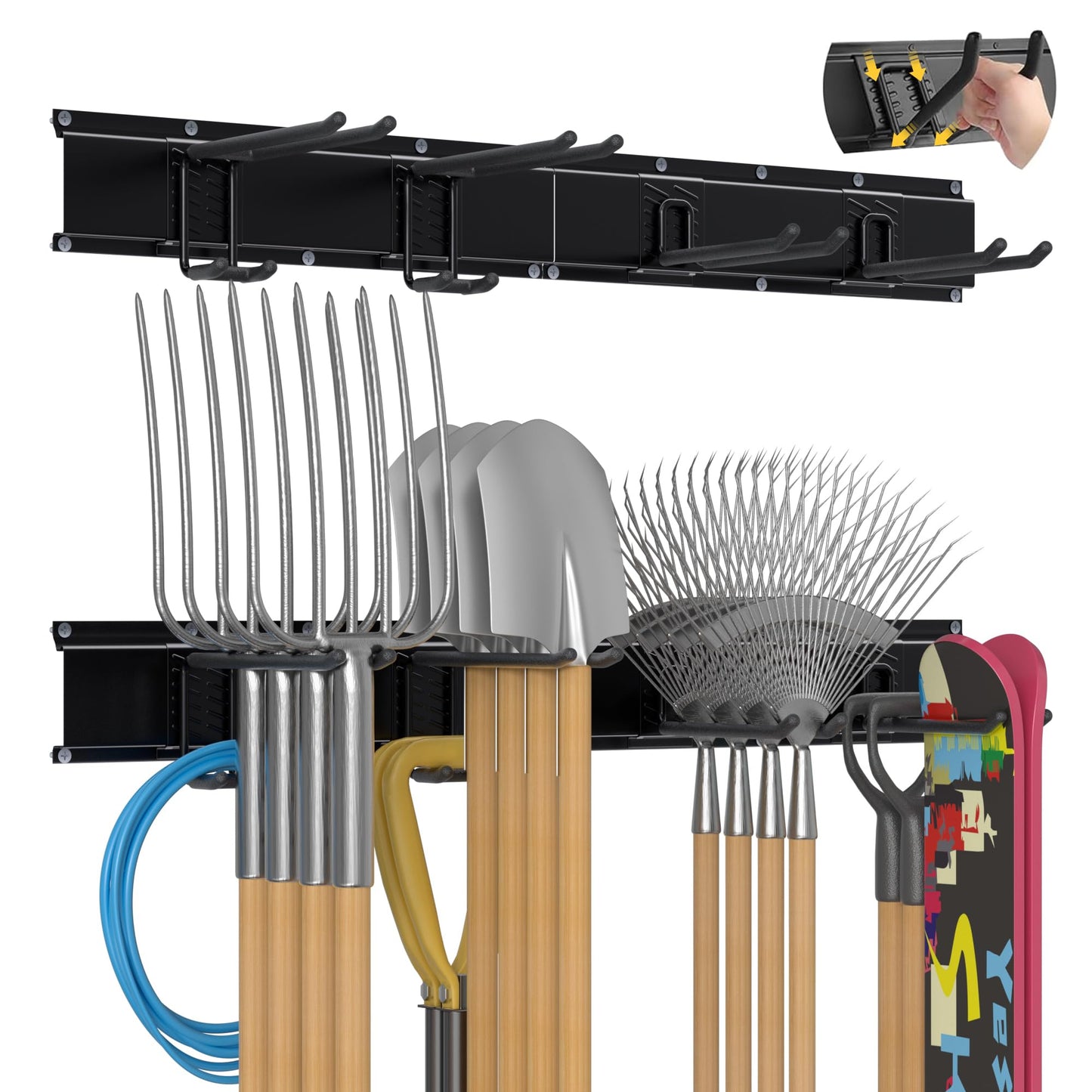 Garage Tool Organizer Wall Mount with 32 inches Rails and Adjustable Heavy-Duty Hooks, Garden Tool Organizer, Carries 300 lbs, Heavy Duty Garage Storage Rack For Yard, Shed, Workshop, Easy to Install