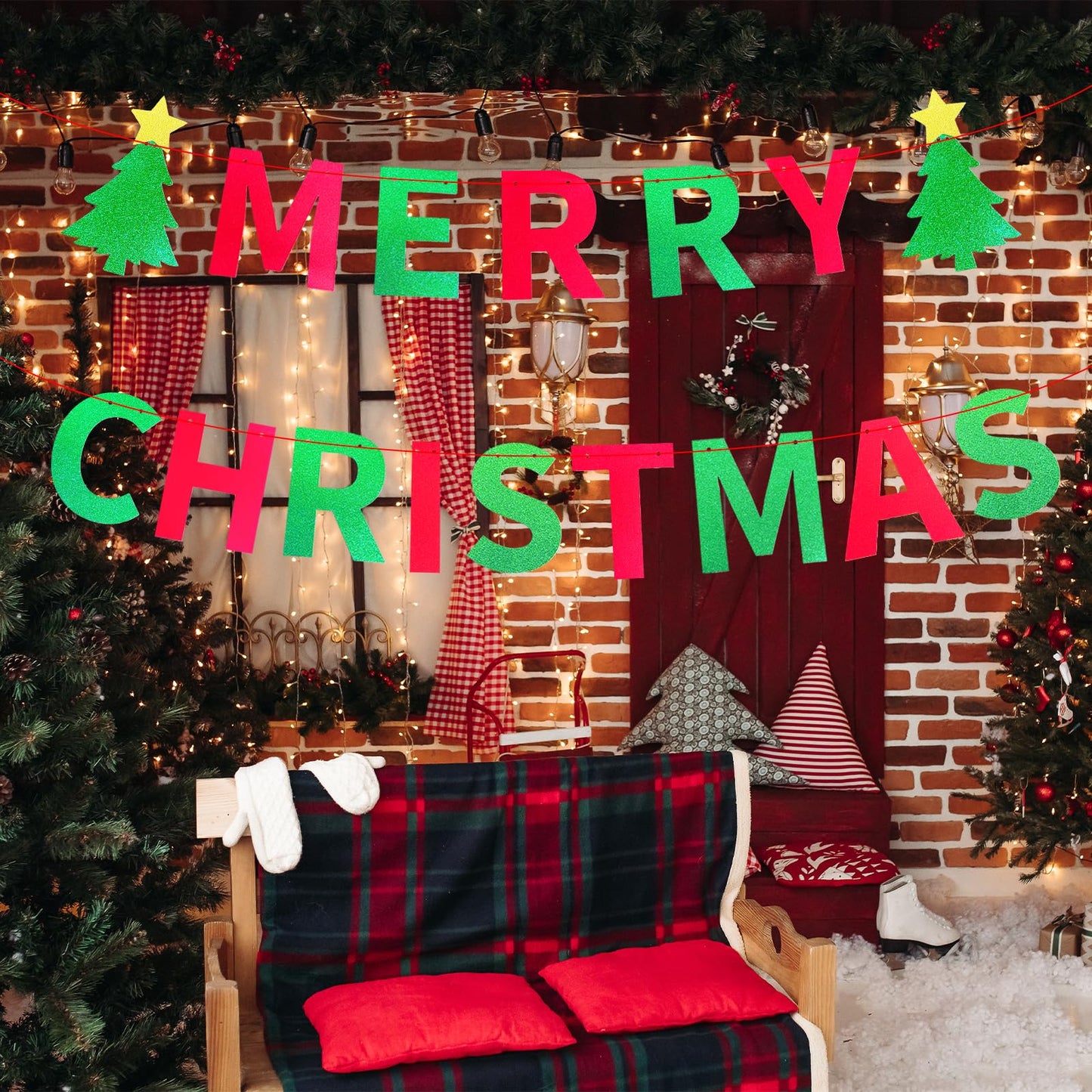 Merry Christmas Party Banner, Glitter Red and Green Letter Garland with Christmas Tree Cutouts, Fun Wall Hanging Decoration for Holiday Office Home Party Supplies, and Xmas Festival Decor