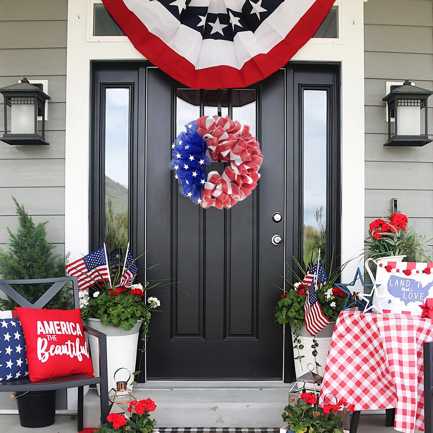 26 Inch Mesh Patriotic Front Door Wreath, 4th July Independence Day Wreath for Summer America Patriotic Flag Burlap Farmhouse Decor, Memorial Day Americana Front Window Hanging Decor