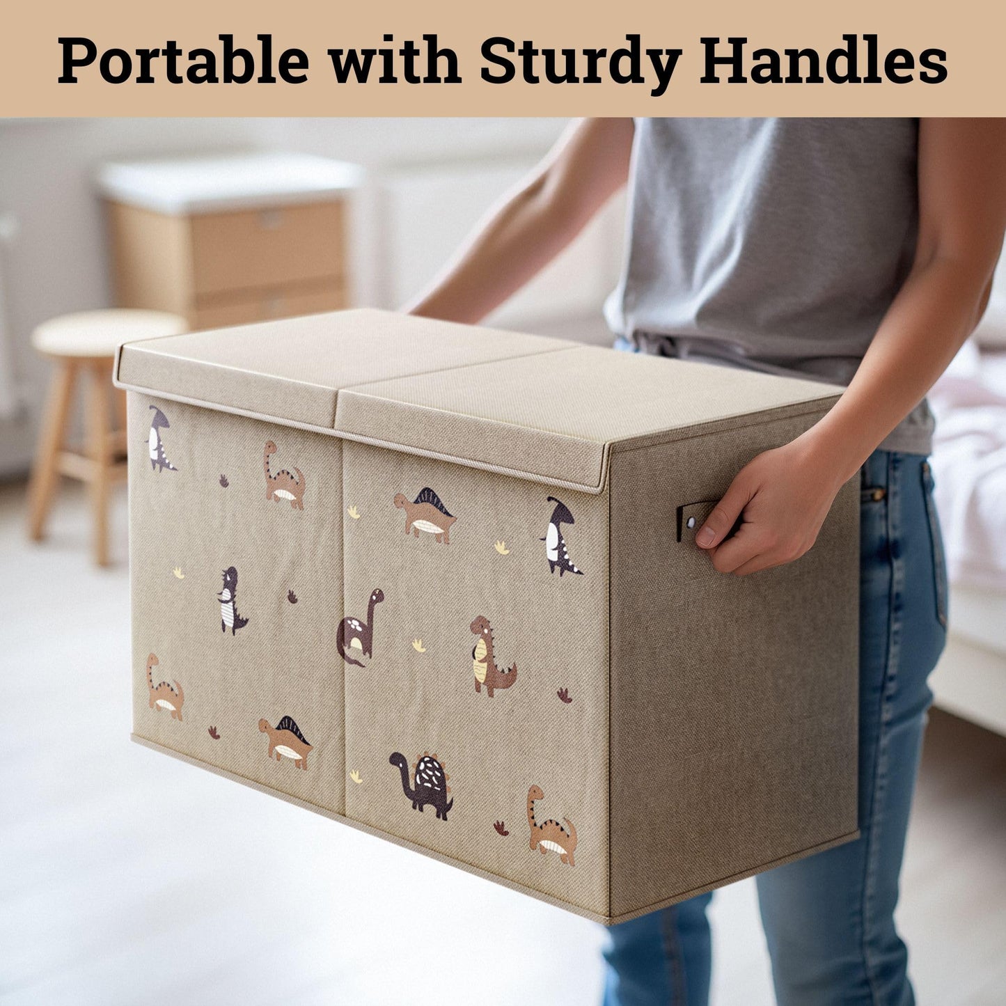 Collapsible Toy Storage Box with Handles, Removable Divider & Detachable Lid - Dinosaur Print Kids Toy Box for Boys & Girls - Storage for Toys Living Room, Bedroom & Playroom - Large Bin for Toys