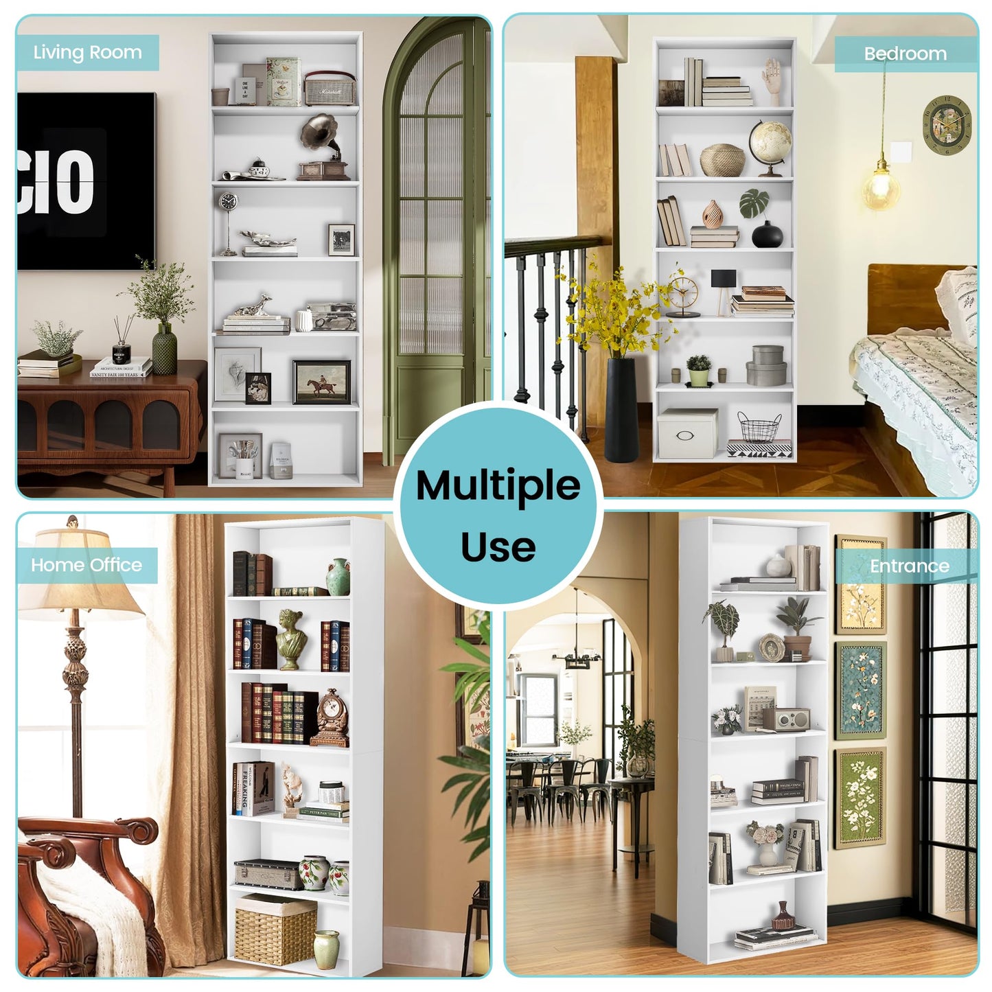 GRUSIGN 71" Tall 6-Tier Bookshelf, Large Open Display Bookcase with Ample Storage, Floor Standing Book Shelf for Living Room, Home Office, Bed Room, White