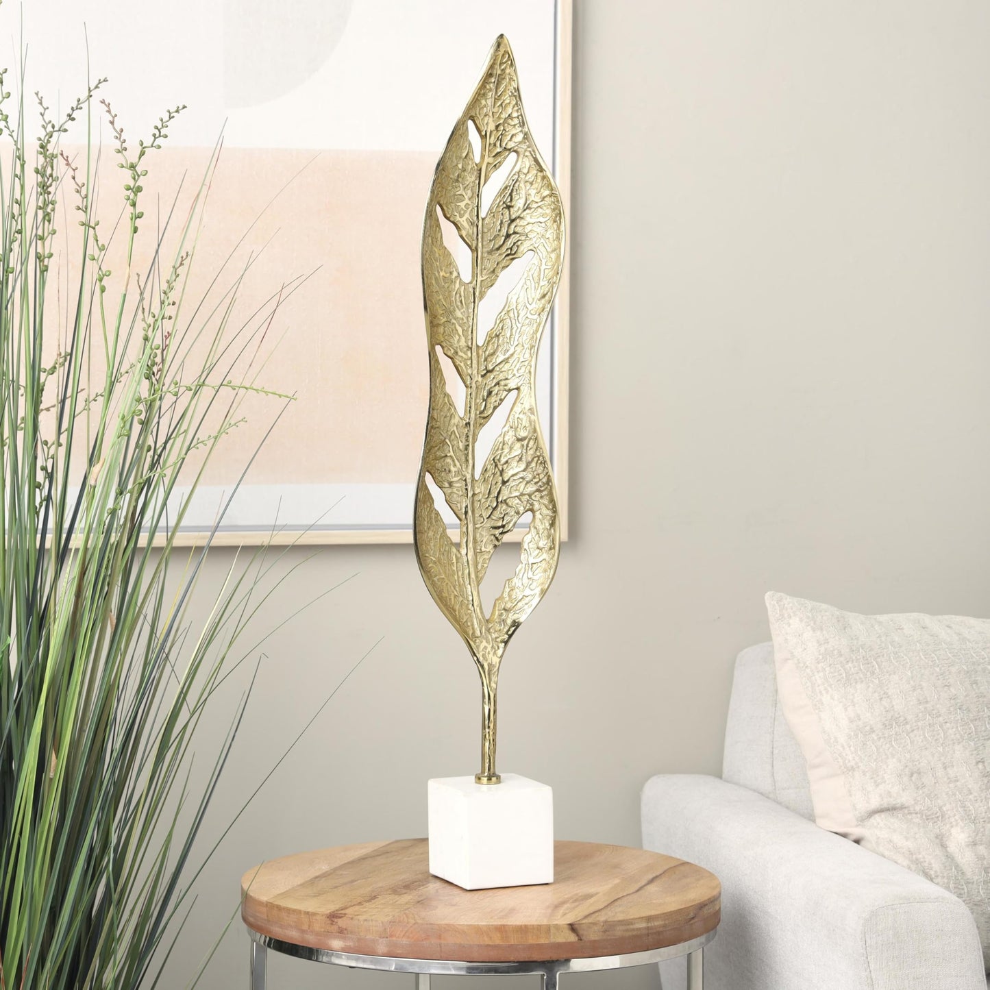 Deco 79 Aluminum Metal Leaf Decorative Sculpture Tall Textured Cutout Home Decor Statue with White Marble Base, Accent Figurine 7" x 4" x 35", Gold