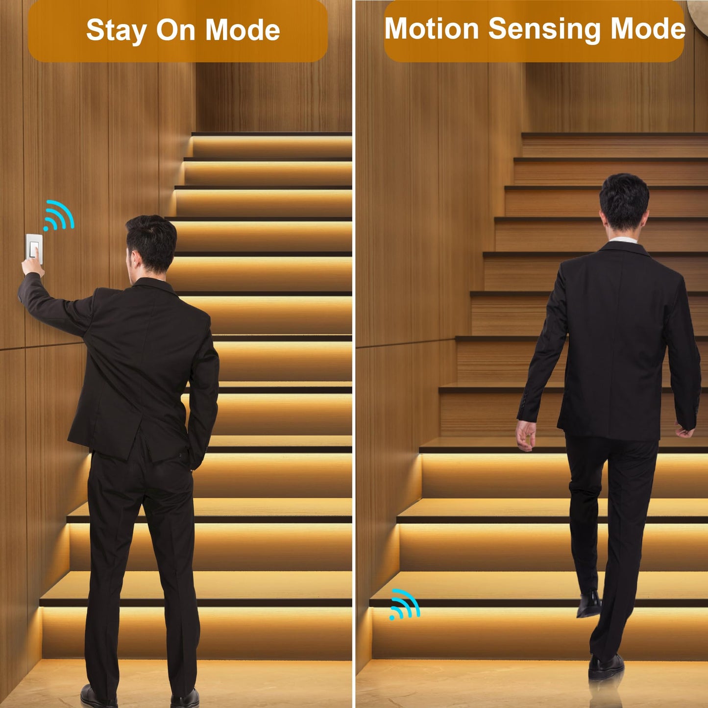 KOMIGAN Intelligent Motion Triggered LED Stair Lighting Kit KMG-3233, 40" Cuttable LED Strip Light for Indoor LED Stair Lights (Warm White 3000K,16 Stairs)