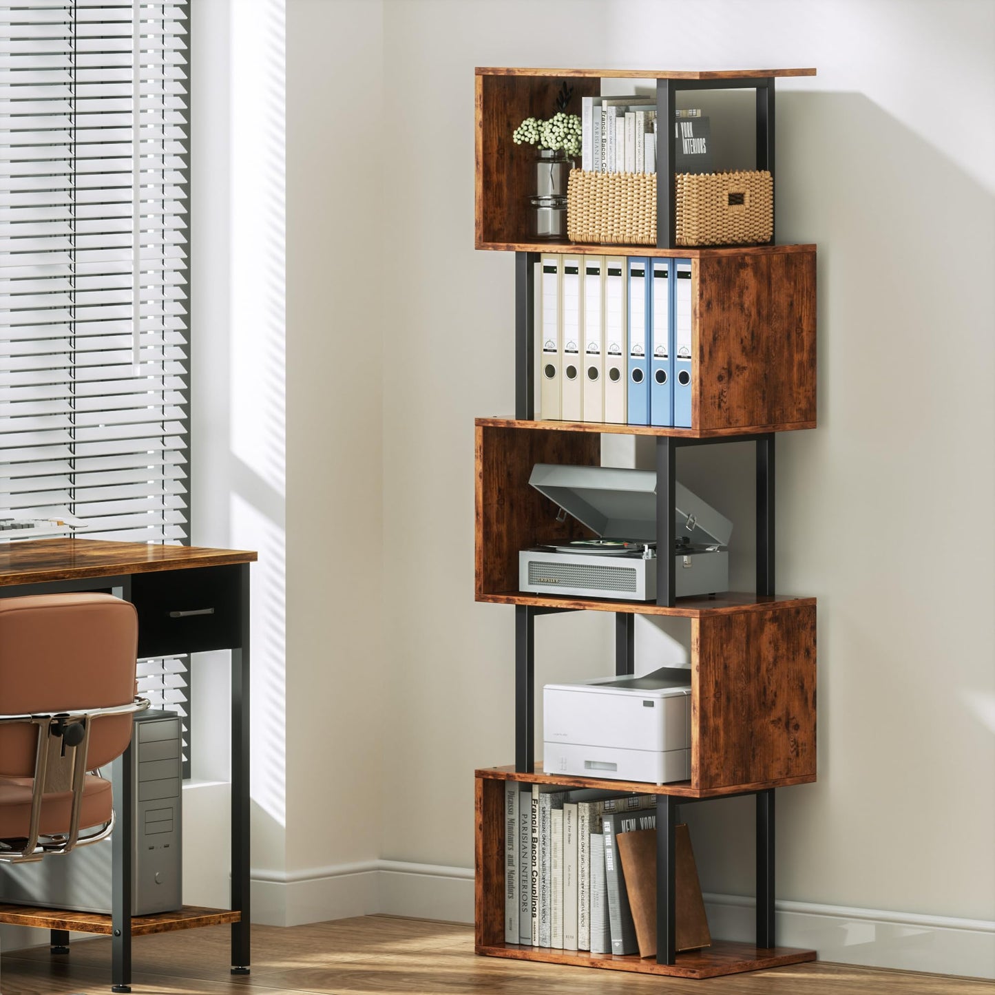 Furologee 6 Tier Bookshelf, Tall S Shaped Geometric Bookcase, Modern Display Shelf Standing Unit, Wood Metal Decorative Divider Rack for Living Room Bedroom Office, Rustic Brown