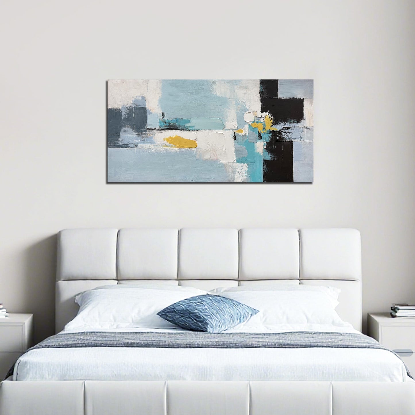Tarfupth Large Blue Abstract Wall Art for Living Room Black and White Hand Painted Oil Painting Modern Textured Canvas Artwork for Bedroom Home Office 20"x40"