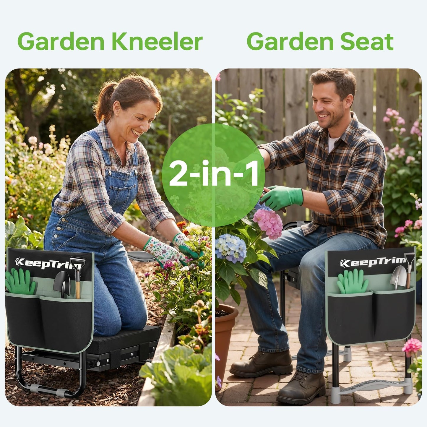 KeepTrim Garden Kneeler and Seat, Foldable Ergonomic Kneeling Bench with Tool Pouch 400 Lbs (Black)