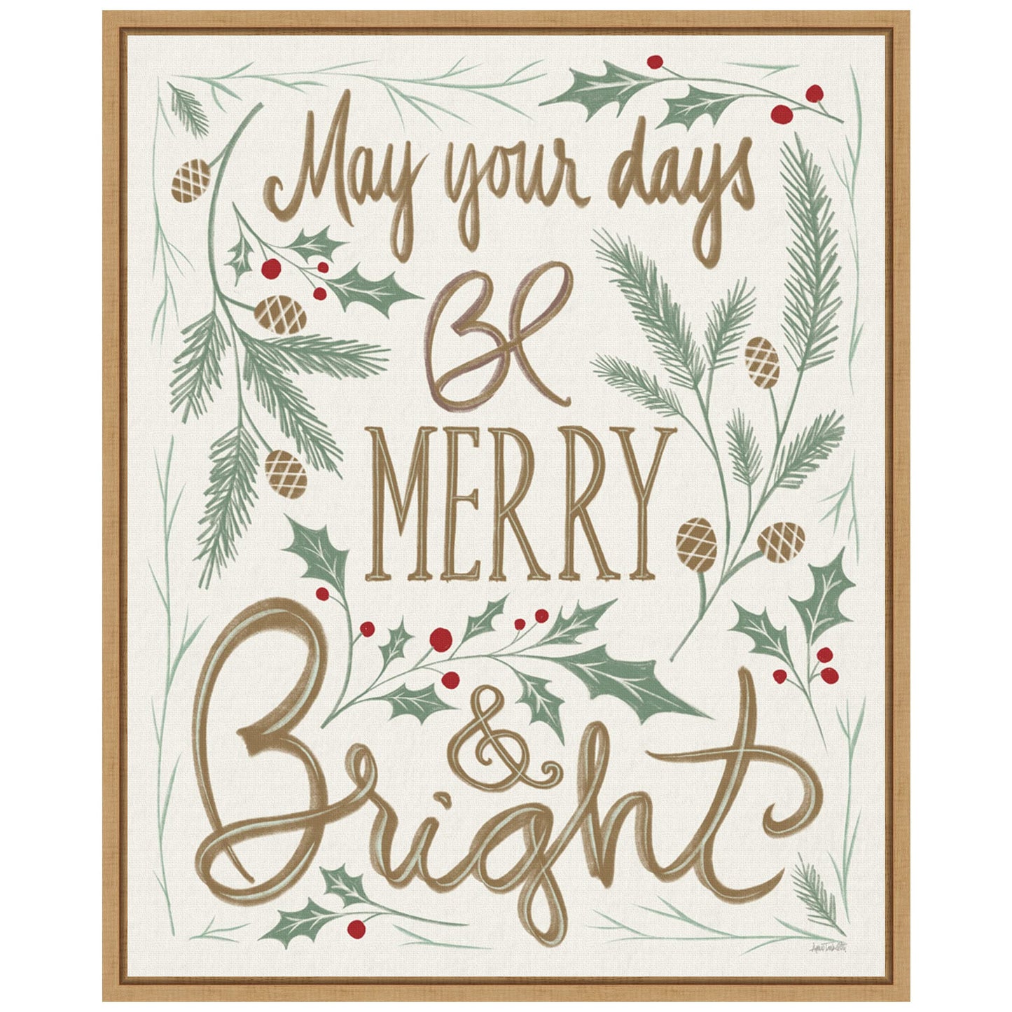 Amanti Art Framed Canvas Wall Art 20x16 Merry and Bright Holly by Anne Tavoletti, Framed Wall Art Canvas, Holidays Artwork, Modern Contemporary Decor, Small Poster Painting for Living Room, Bedroom