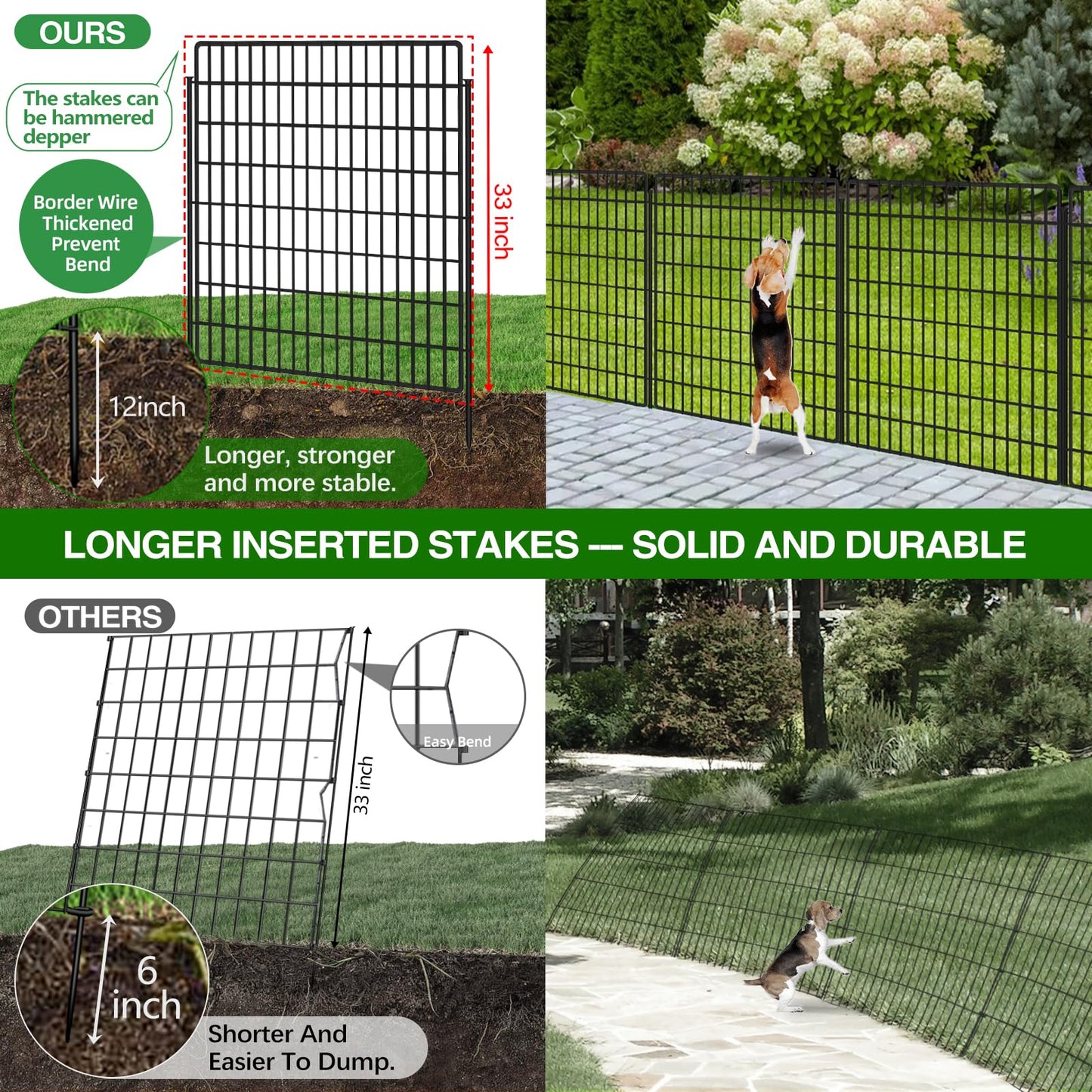 10 Panels Garden Fencing Animal Barrier, 33 in(H) X 24 ft(L) Dog Fence Outdoor for Yard Rustproof No Dig Decorative Tall Garden Fence Metal Wire Panel Border Patio Rabbit Ground Stakes Fencing