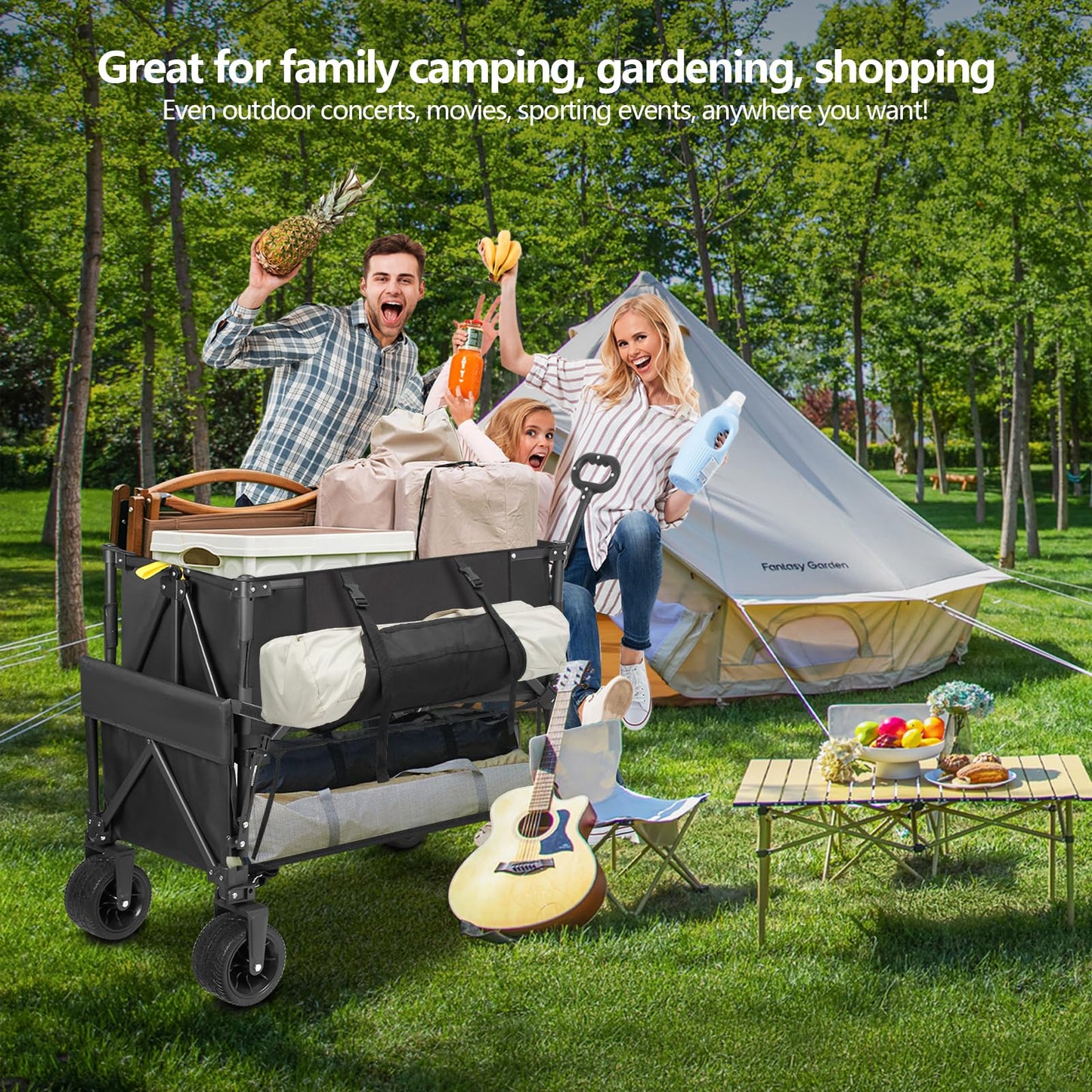 Double Decker Wagon Heavy Duty Collapsible, 600LBS 400L Capacity Foldable Utility Cart with Big Wheels for Beach, Outdoor, Camping & Gardening, Durable Steel Frame