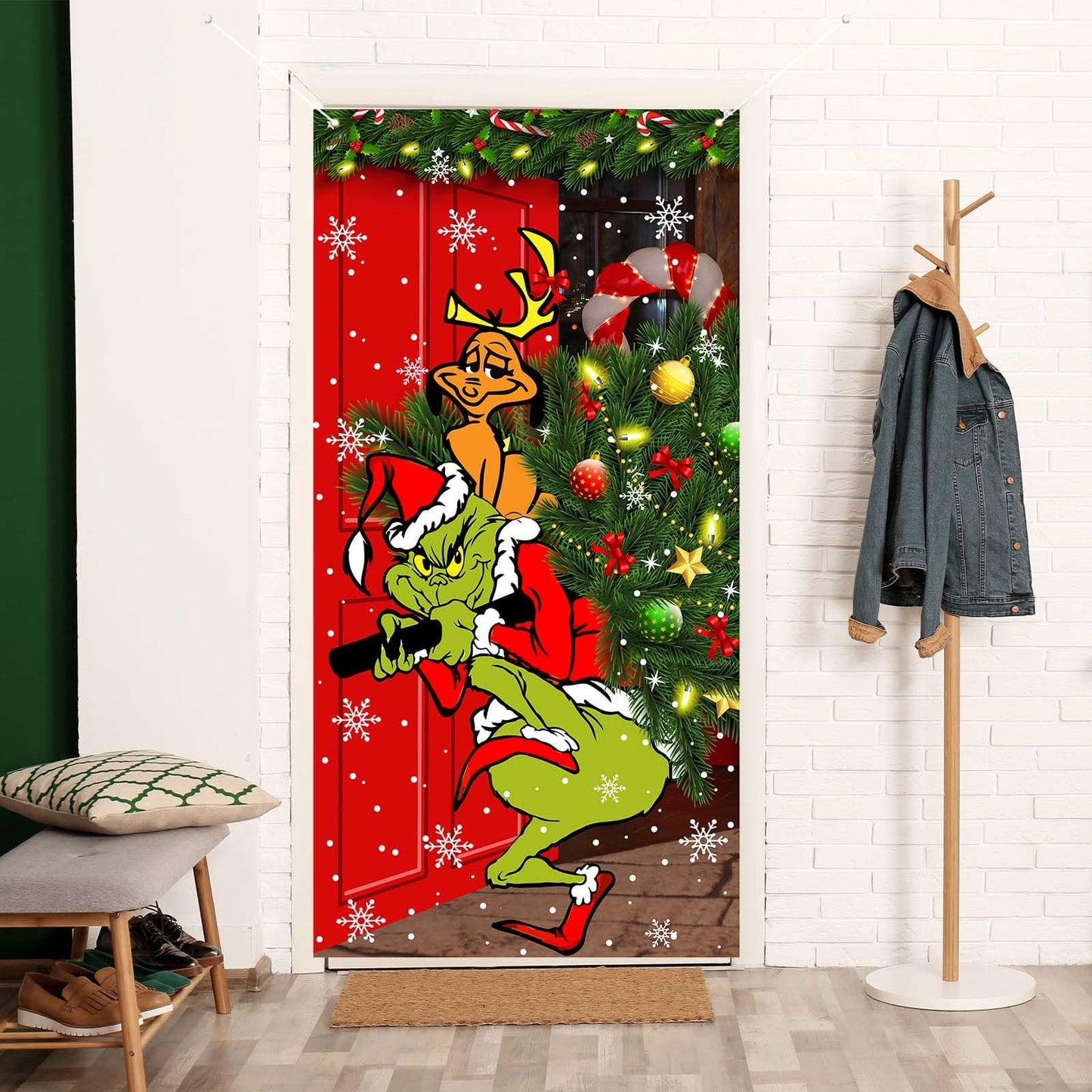 Green Christmas Decorations Door Cover Merry Christmas Door Cover 6 X 3ft Black Buffalo Grid Flag Photography Banner Christmas Xmas Winter Holiday Home Kitchen