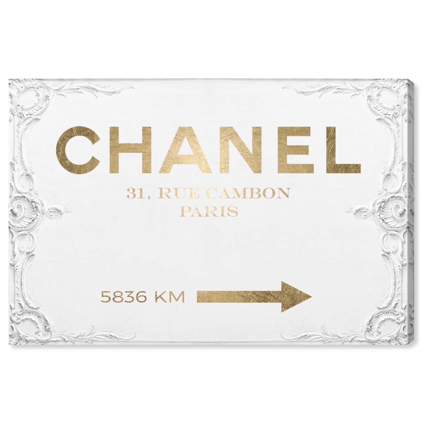 The Oliver Gal Artist Co. Typography and Quotes Contemporary Canvas Art - Couture Road Sign Rococo Gold, Wall Art for Living Room, Bedroom, and Bathroom, 45 in x 30, White and Gold Home Decor