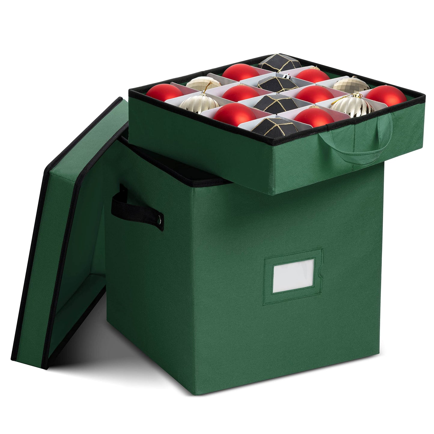 Zober Christmas Ornament Storage Box - Stores 64 Ornaments - Non-Woven, Tear- Proof Christmas Ornament Storage Containers - 3 Inch Cube Compartments - Green
