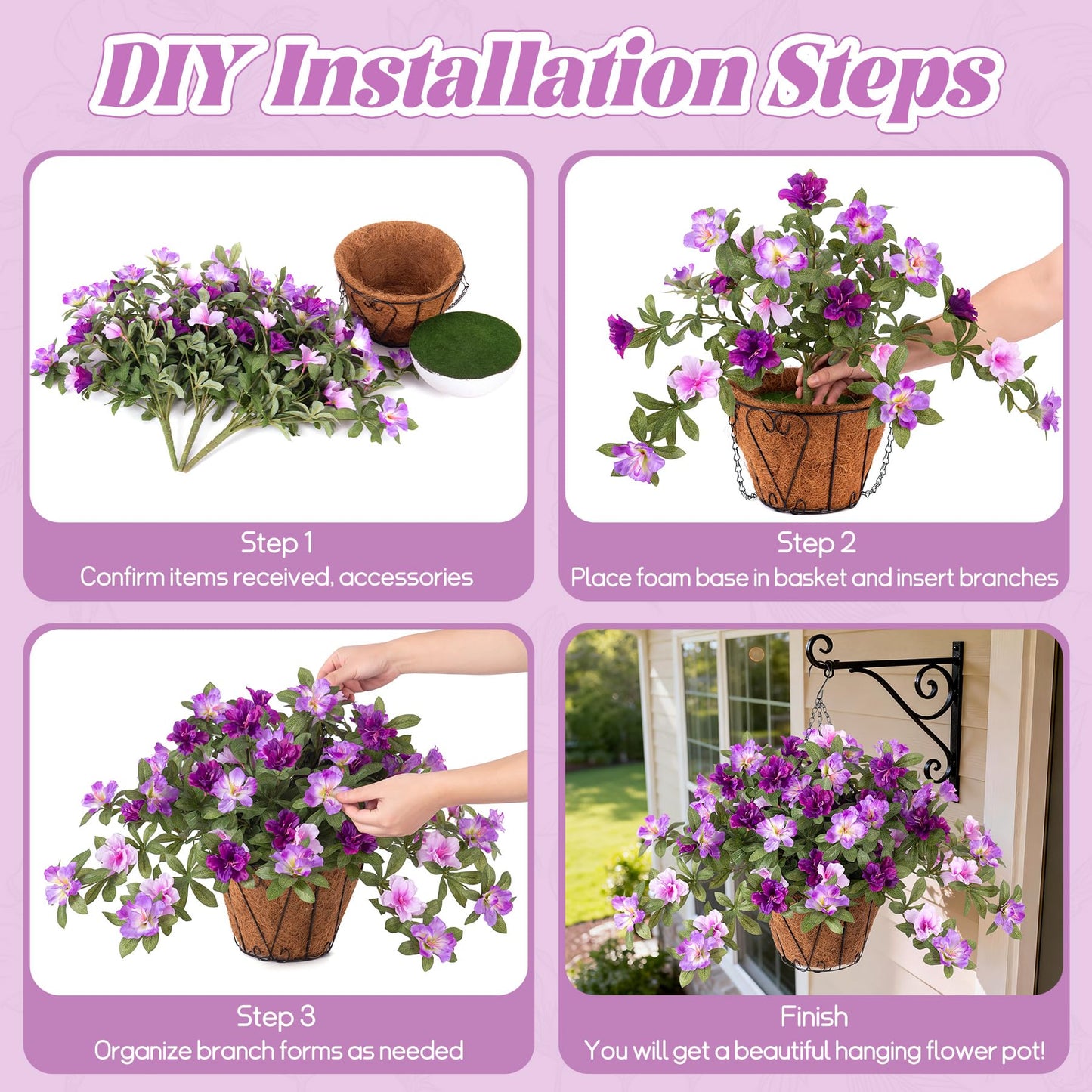 Ammyoo Artificial Hanging Flowers for Outdoors Hanging Baskets, 3 Pcs Fake Silk Flower with Hanging Baskets Planter for Spring Summer Garden Porch Patio Yard Outside Decor