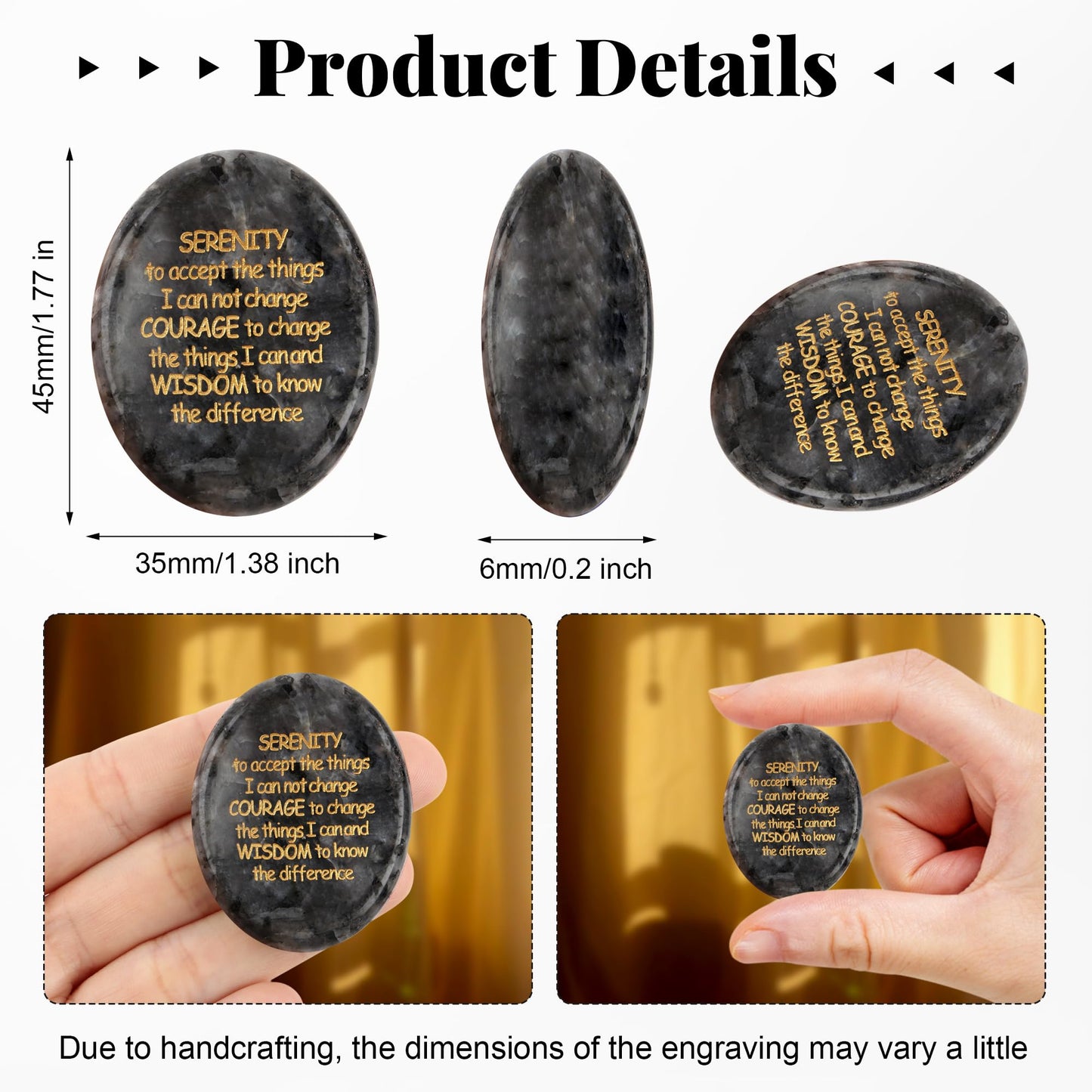QINJIEJIE Serenity Prayer Black Labradorite Worry Stones Healing Crystals Engraved Inspirational Stones Anxiety Relief Items Sobriety Gifts Encouragement Gifts for Women Men
