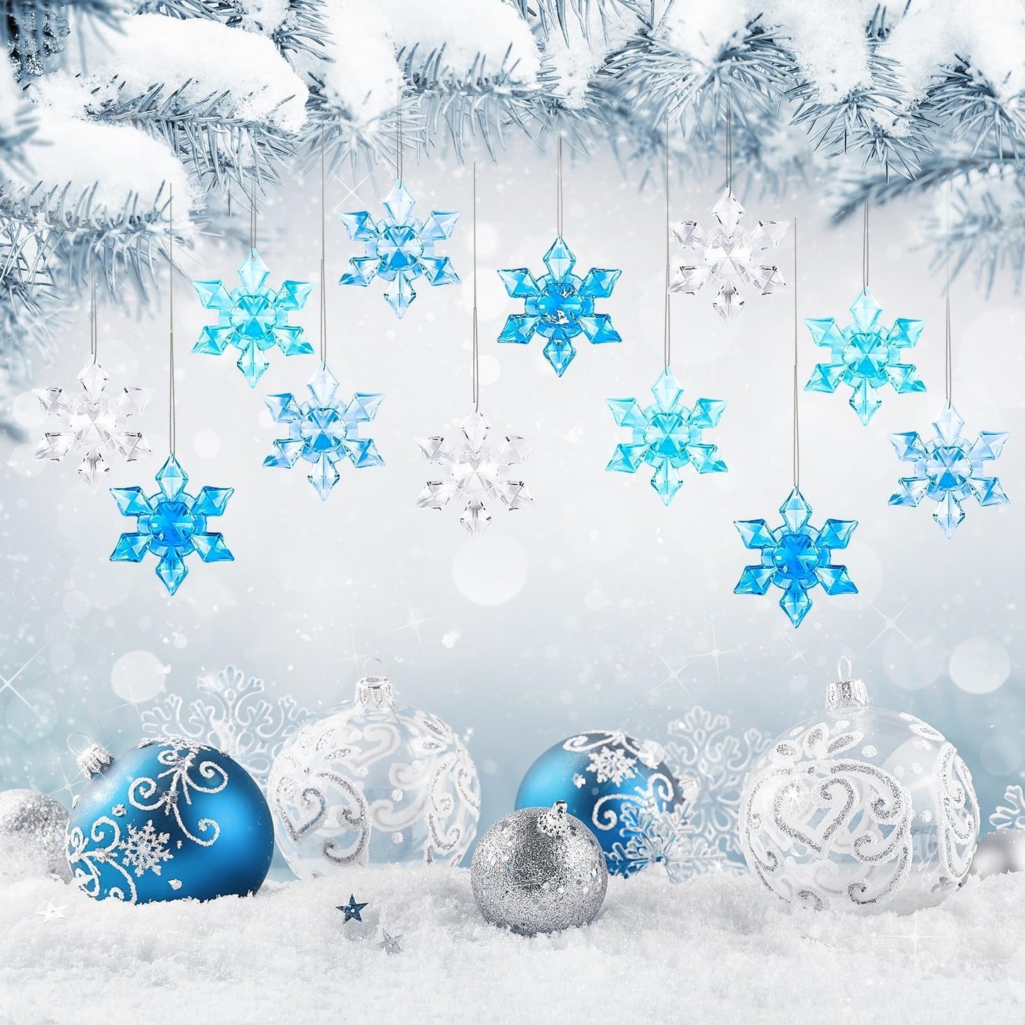 BOARDFEB 60Pcs Christmas Acrylic Snowflake Ornaments, Winter 3D Translucent Snowflake Hanging Ornaments for Tree Crystal Pendants with Rope for Holiday Party DIY Decor (Blue 43mm)