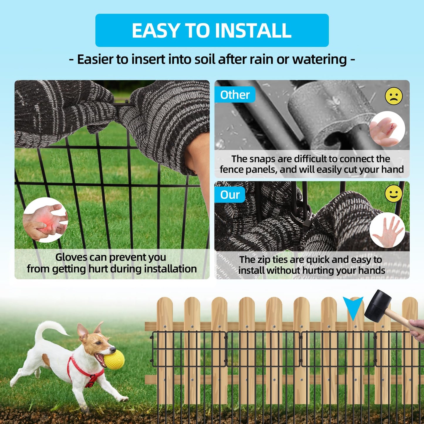 25 Panels Garden Fencing Animal Barrier, 17in (H) X 27ft (L) Dog Dig Fence Barrier, 1.25in Gap Rustproof Metal Stakes Decorative Garden Fence, Ground Defense Border Fence for Outdoor, Yard, Patio