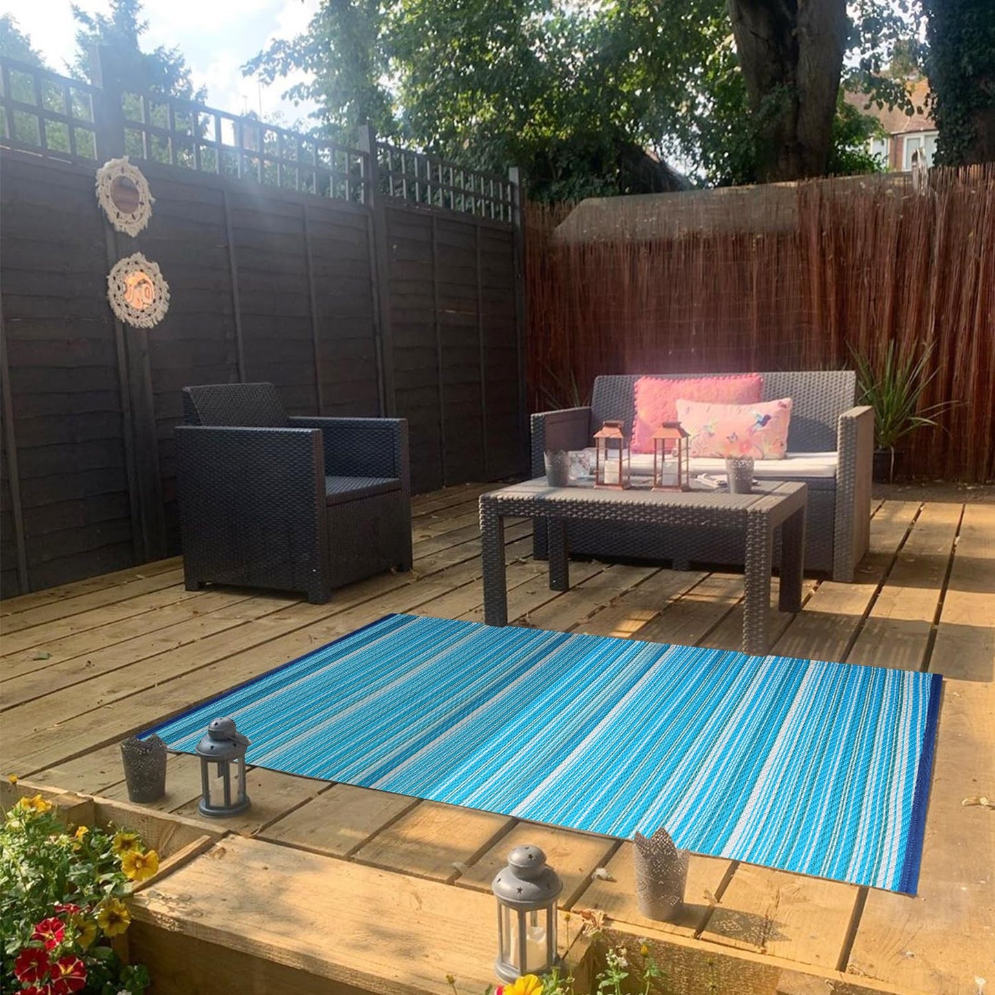 Wefavor Outdoor/Indoor Rug Plastic Straw Rug Waterproof Portable Outdoor Mat, Easy to Clean and Fold, Perfect for Garden, Patio, Picnic, Decking-（Blue，6x9Ft）