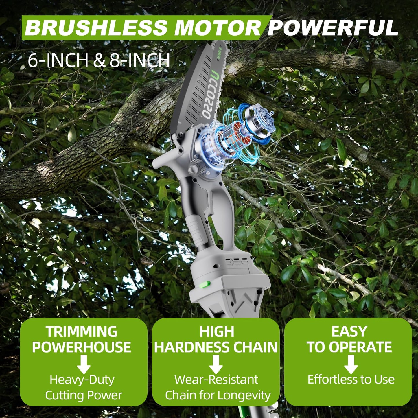 3-in-1 Electric Pole Saws for Tree Trimming 6&8" Mini Chainsaw Cordless with Extension Pole,850W Brushless Motor,Auto Oiling,Total Reach of Max 15ft,Pole Saw for Home & Garden & DIY-Gray