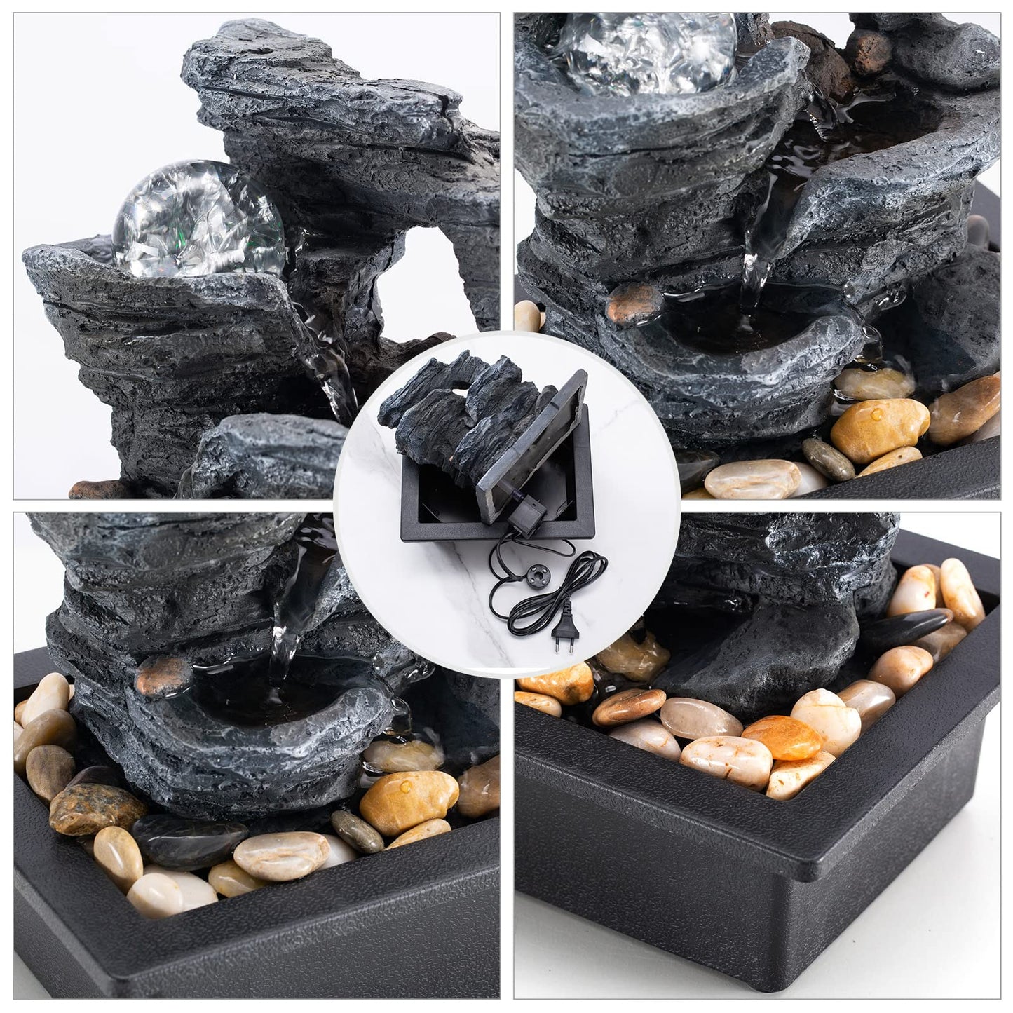 Amootek Tabletop Fountain Rotating Ball Rock Waterfall Fountain Office Includes Many Natural River Rocks Decorated with Colorful Lights, 9.05" L x 6.89" W x 10.23" H