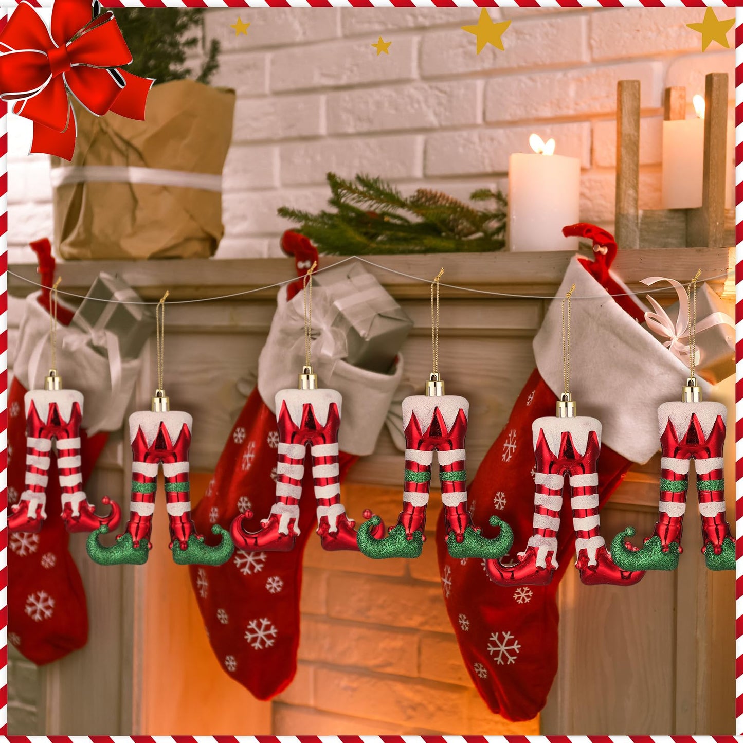 Soulchen 10 Pcs Christmas Elf Legs Ornaments Xmas Red Green White Feet Tree Topper Plastic Elf Feet Hanging Decorations with Gold Rope for Holiday Party Crafts Home Decor