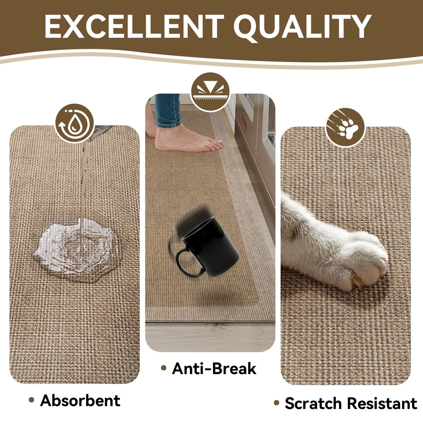 Quqei Kitchen Mat Non Slip, Washable Kitchen Rugs, Absorbent Kitchen Mats for Floor, Rubber Backing Soft Standing Floor Mat Runner Rug for Front of Sink, Easy to Clean and Maintain, Brown 17"x30"