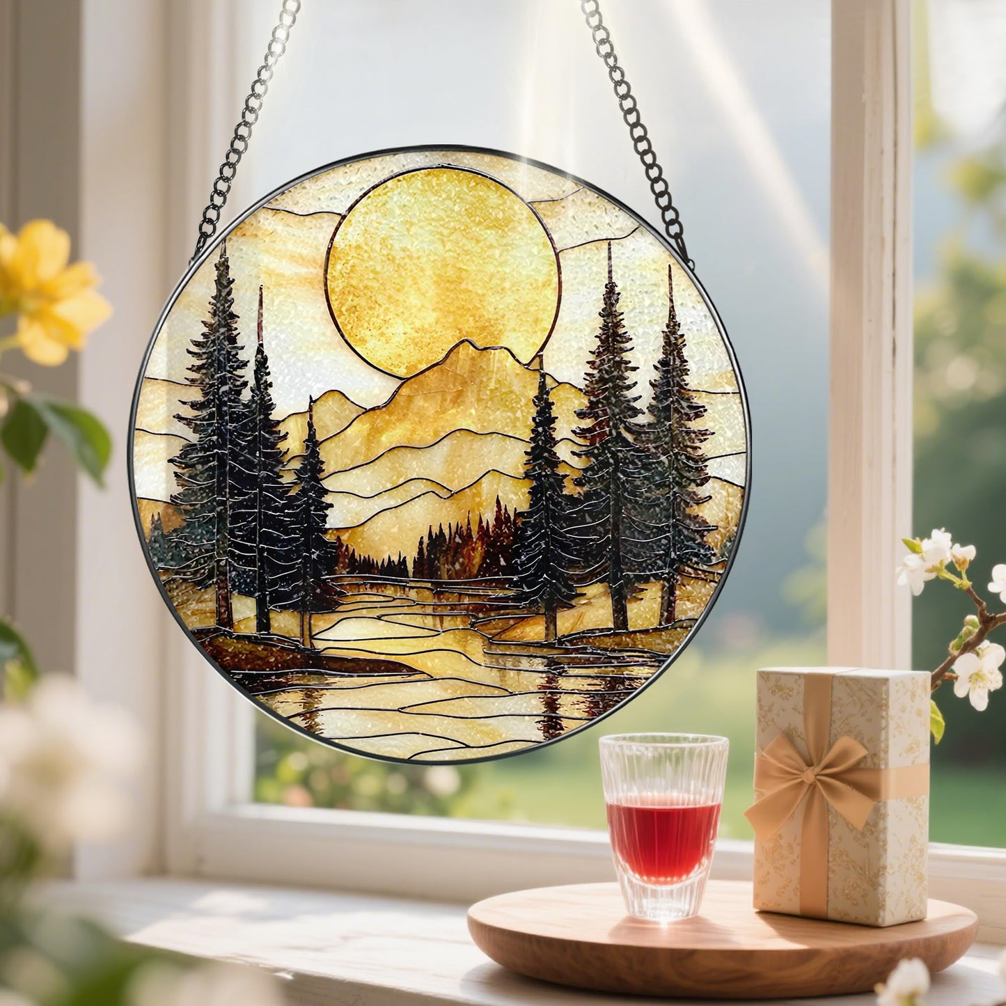 8-Inch Stained Glass Ornament, Stained Glass Window Hanging, Window Hanging Decor Suncatcher, Mountain Sunset Ornament | Holiday, Mother’s Day, Housewarming | Gifts for Nature Lovers, Friend & Family