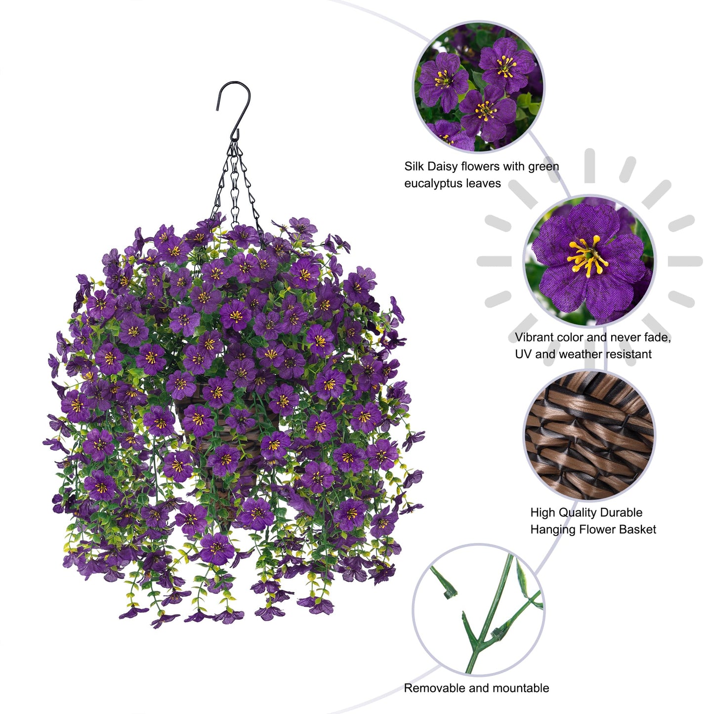 HyeFlora Artificial Hanging Flowers Basket for Outdoor, Fake Flowers Faux Plants Look Real for Yard Gardens Porch Patio Home (Darkpurple)
