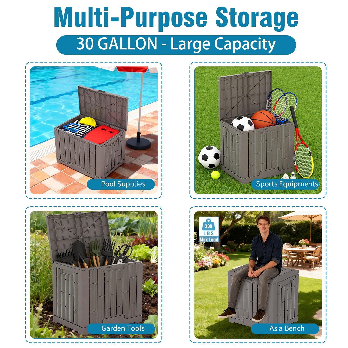Outdoor Storage Box, 30 Gallon Resin Waterproof Deck Box, Lockable, Built-in Handle, Outside Storage Container for Patio, Garden and Garage