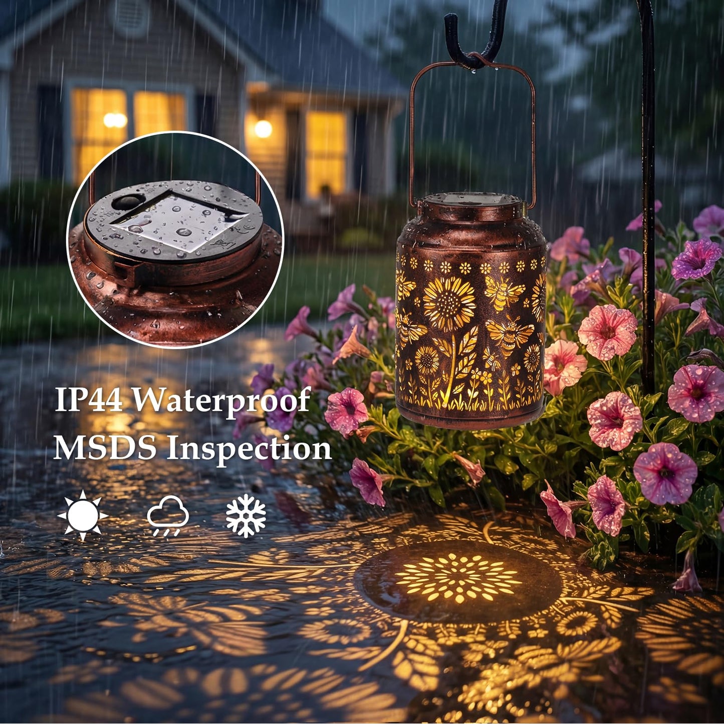 Calenzana Outdoor Waterproof Solar Lanterns Bee & Sunflower Hanging Solar Garden Light, Christmas Birthday Gifts for Women Mom Grandma, Metal Solar Decoration Outside for Yard, Patio, Backyard, Porch