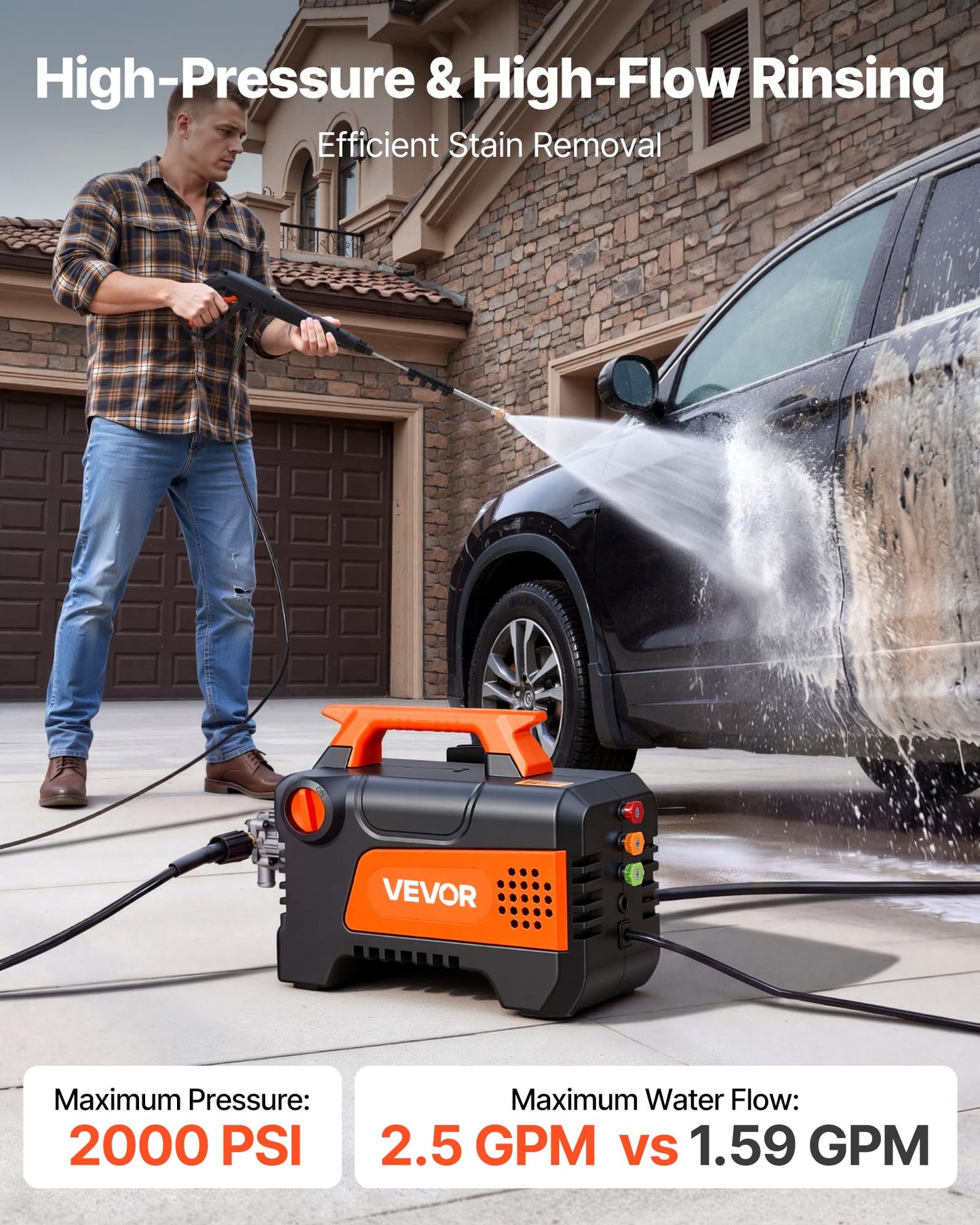 VEVOR Electric Pressure Washer, 1958 Max PSI 2.5 Max GPM, Portable Power Washer with 4 Nozzles, Metal Extension Wand, Commercial-Grade 5-Piston Plunger Pump, High Pressure for Cars,Driveways,Patios