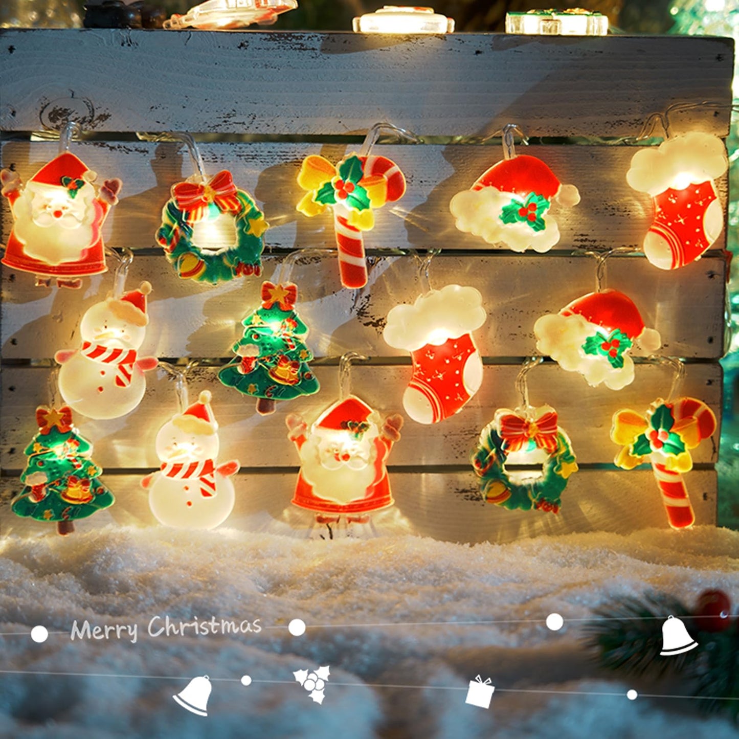 Christmas Lights Decorations,Christmas Fairy String Lights,20 LED Xmas Warm White Light Hanging Decors with Santa Claus Wreath Tree Snowman Candy Cane Hat Stockings Indoor Window Lights for Party Home