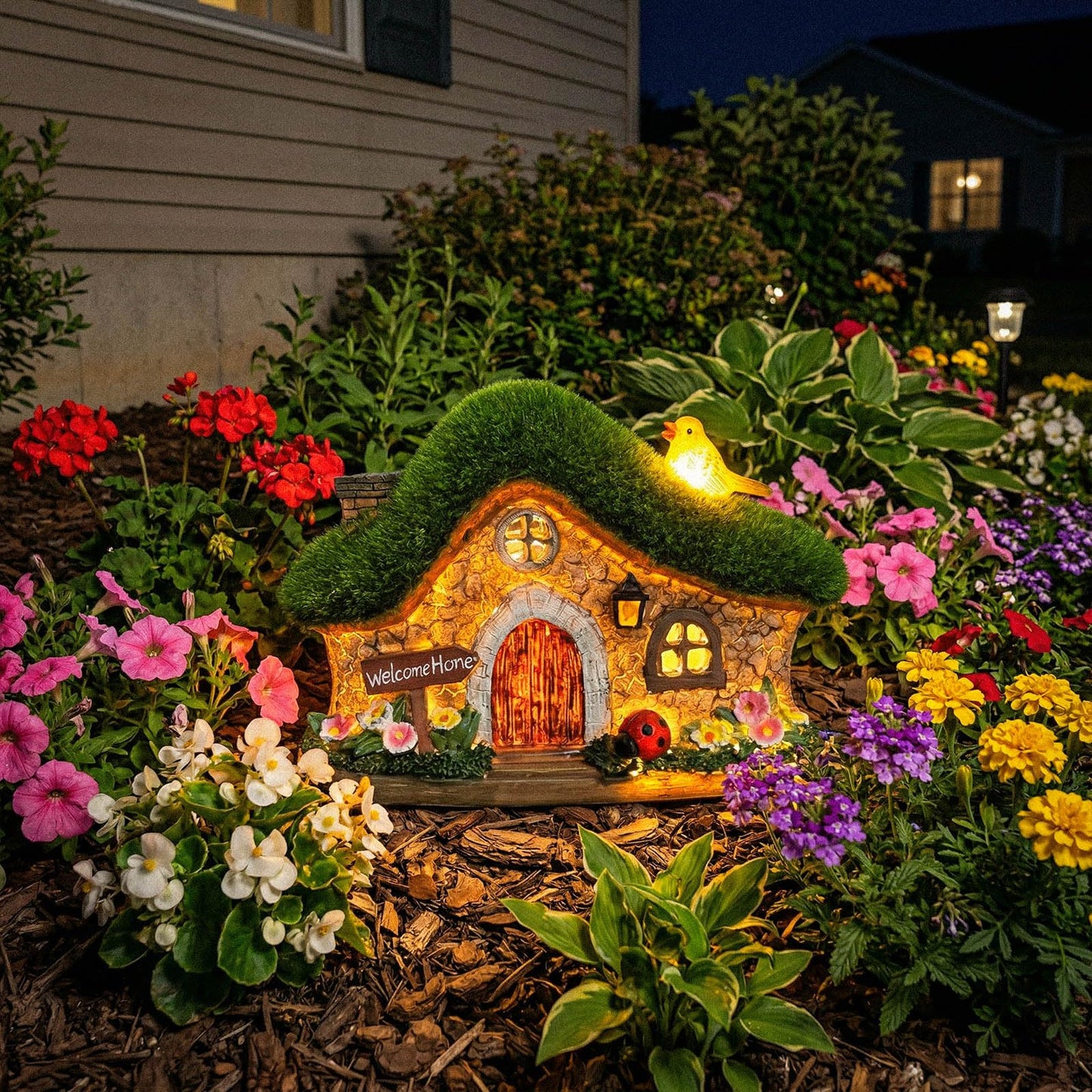 EKQ Resin Fairy House Statues with Solar Lights Outdoor for Garden Decor Funny Birds Ladybird Flocked Fairy House with Garden Figurine Patio Yard Lawn Decorations Gift for Mom Women (Green)