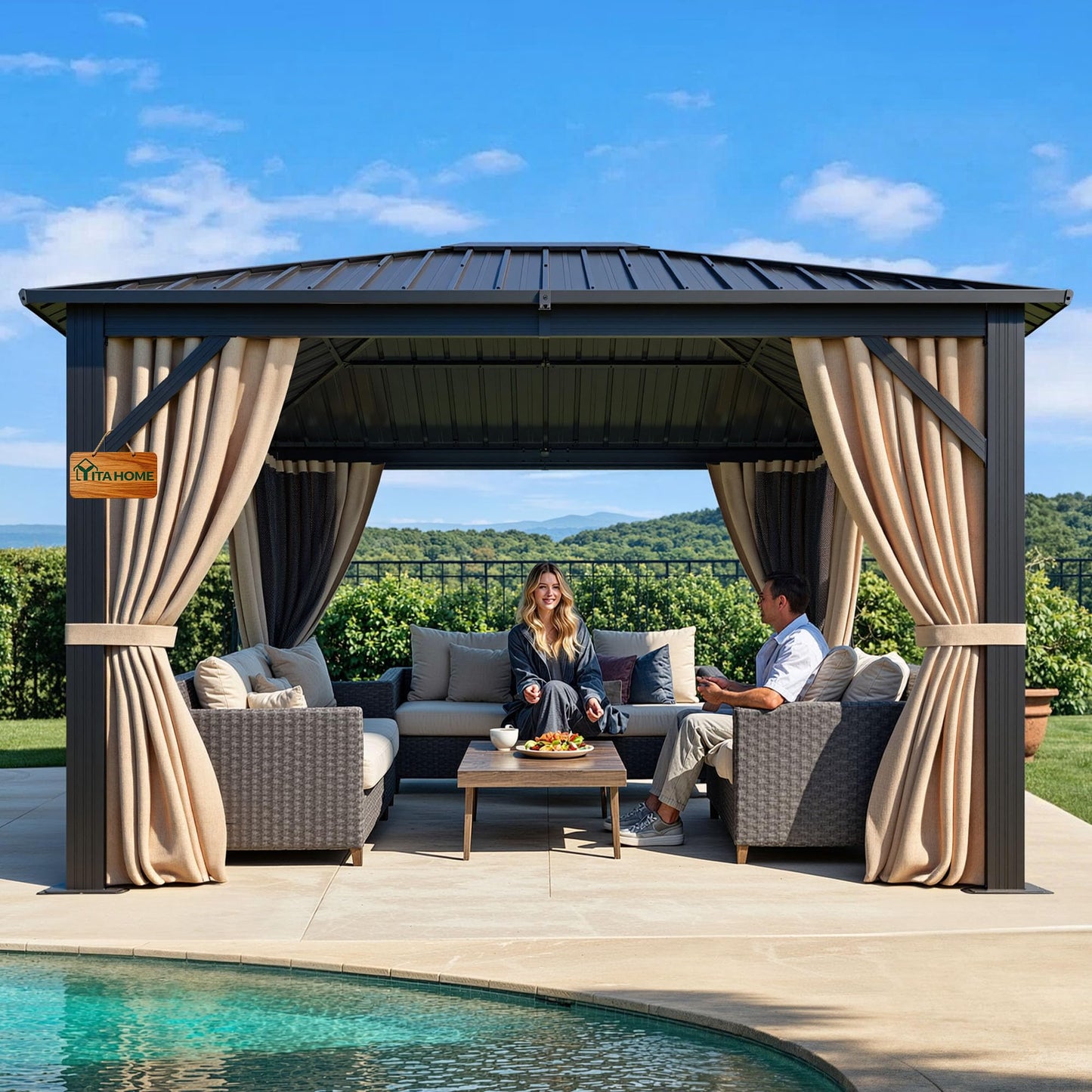 YITAHOME 10X12FT Hardtop Metal Gazebo Single Top Outdoor Patio Canopy Galvanized Iron Aluminum Column Garden Tent Curtains Netting for Backyards Decks Lawns,Brown