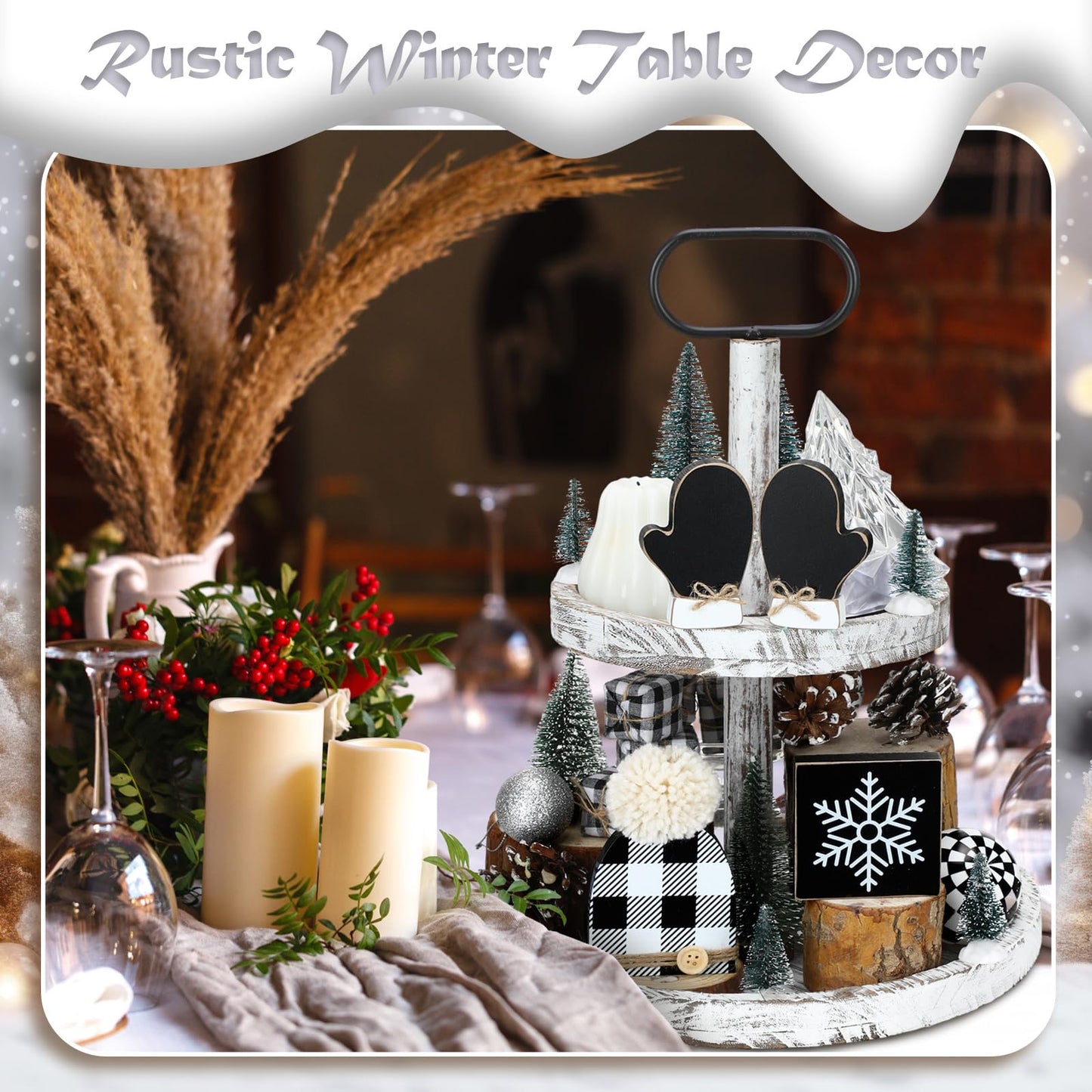 Wenqik 4 Pcs Winter Table Decor Snowflake Gloves Hat Wooden Table Centerpiece Black and White Rustic Farmhouse Wood Tiered Tray Decor Block Sign for Winter Holiday Party Office Shelf Home
