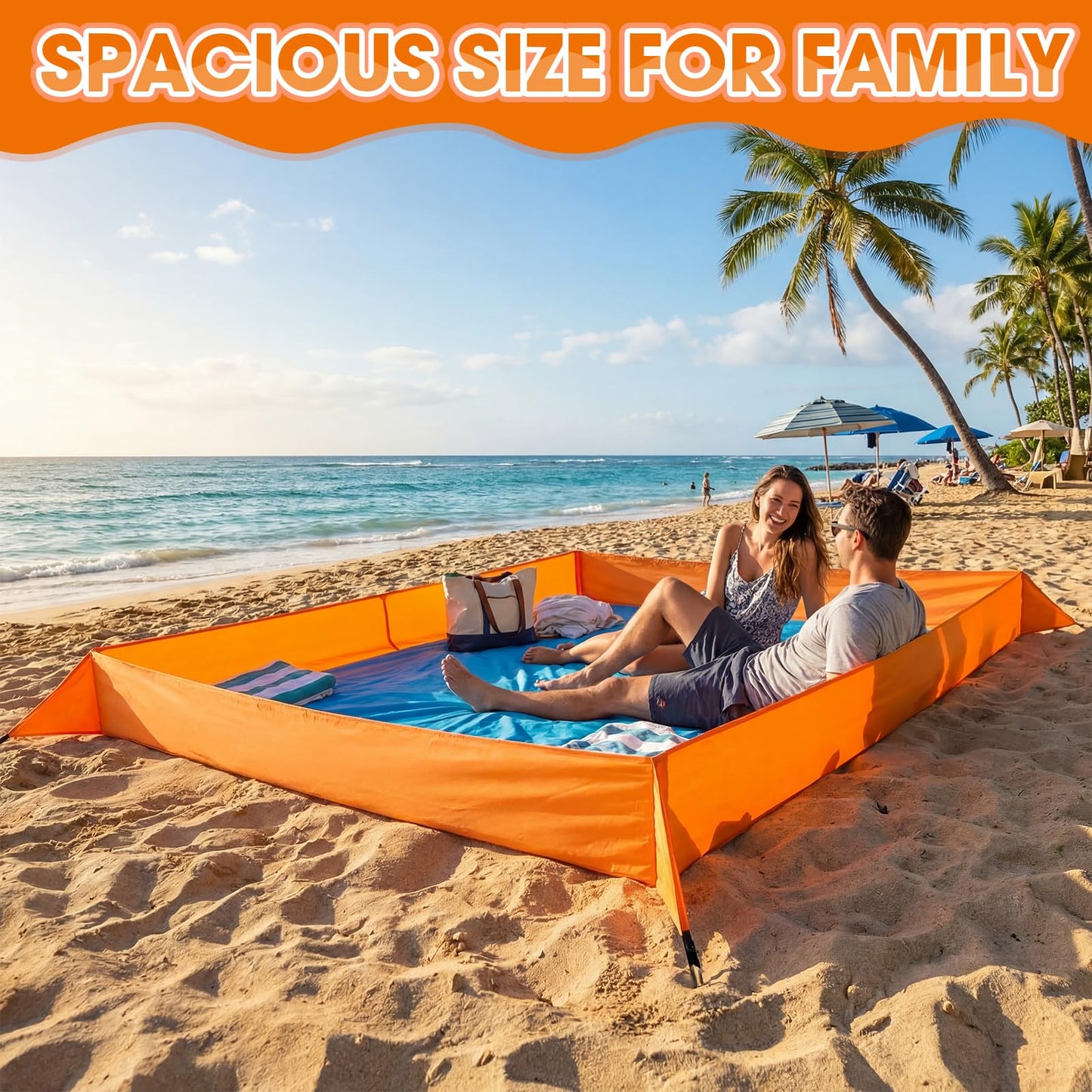 Qunclay Oversize Large Sandproof Beach Blanket 7.2 x 4.6 ft Outdoor Playpen Mat with 3.5" Tall Walls Waterproof Sand Free Picnic Sheet with Stakes & Storage Bag for Family, Beach Camping Essentials