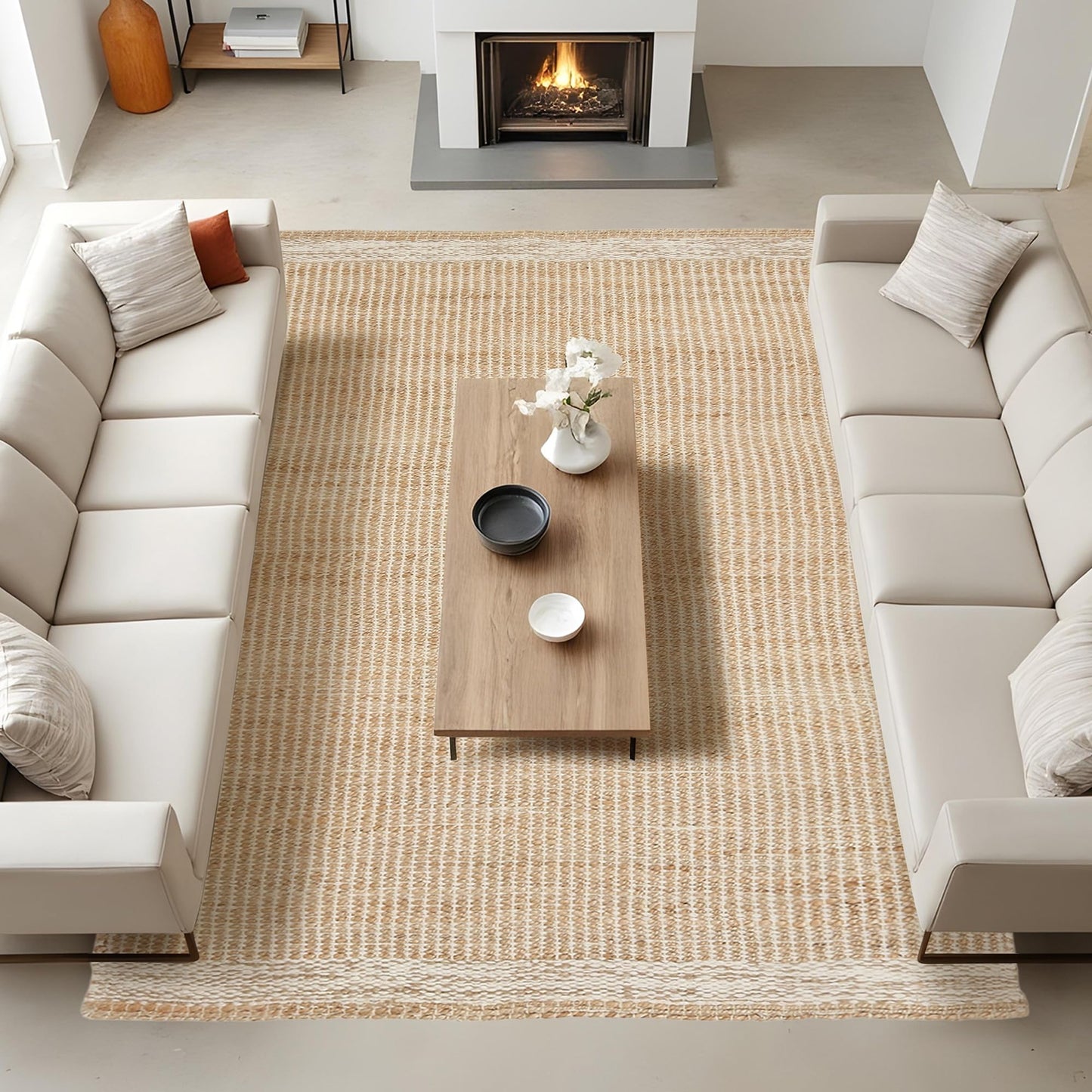 RUSVILLA 8x10 feet Natural Jute & Wool Area Rug,– Handwoven Mini Check Natural Fiber Rug with 4" Border, Neutral Boho Farmhouse Rug for Living Room,Dining Room,Bedroom | 0.6" Pile (8' x 10')