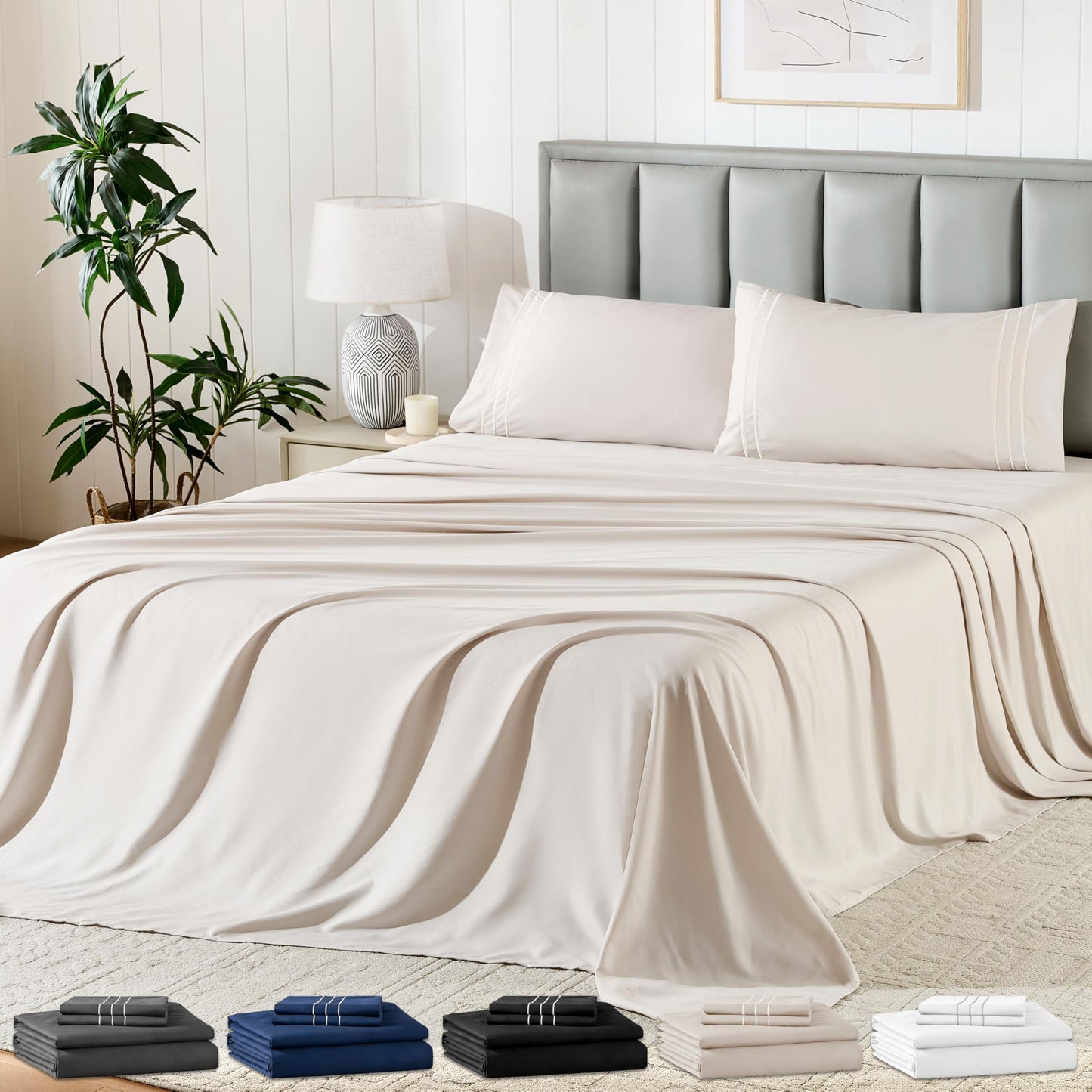 Baskbed Queen Size 4 Piece Sheet Set with Embroidered Pillowcases, Ultra-Soft Microfiber Comfy Breathable & Cooling Bed Sheets, Deep Pocket Fitted Sheets and Hotel Luxury Cozy Flat Sheets, Beige