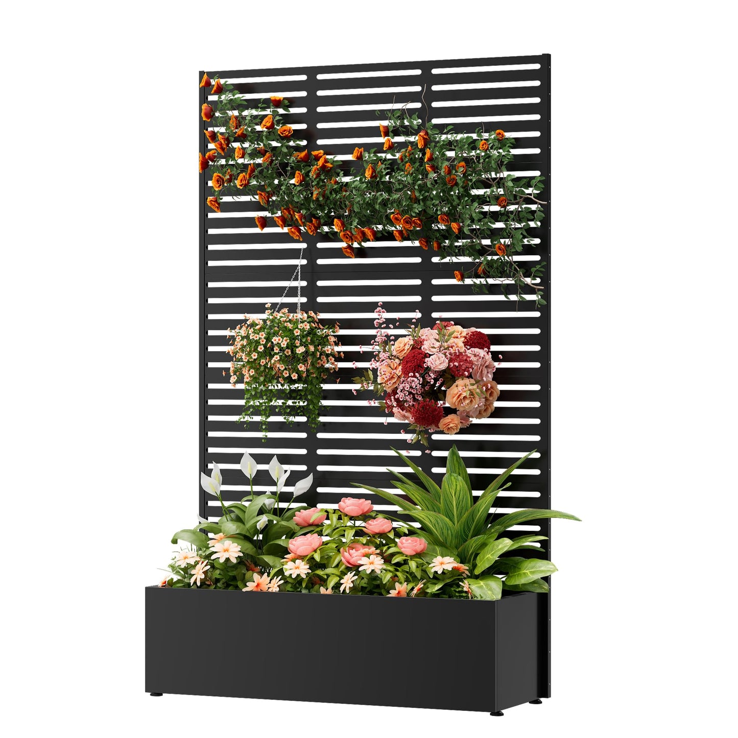 COFaR 71" Tall Metal Planter Box with Trellis & Privacy Screen, Steel Raised Garden Bed with Drainage Holes & Adjustable Feet, Outdoor Planter for Climbing Plants, Patio, Deck, Balcony (Slatted)