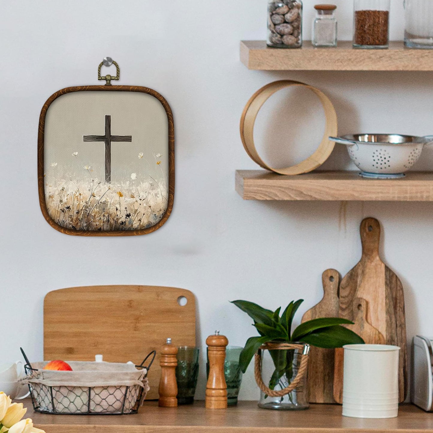 WULQYING Christian Crosses Religious Wall Art Decor, Minimalist Jesus Christian Faith Square Framed Canvas Art Prints, Field Landscape Wall Hanging Decor for Home Bedroom Church, 5.7x6.5 Inches