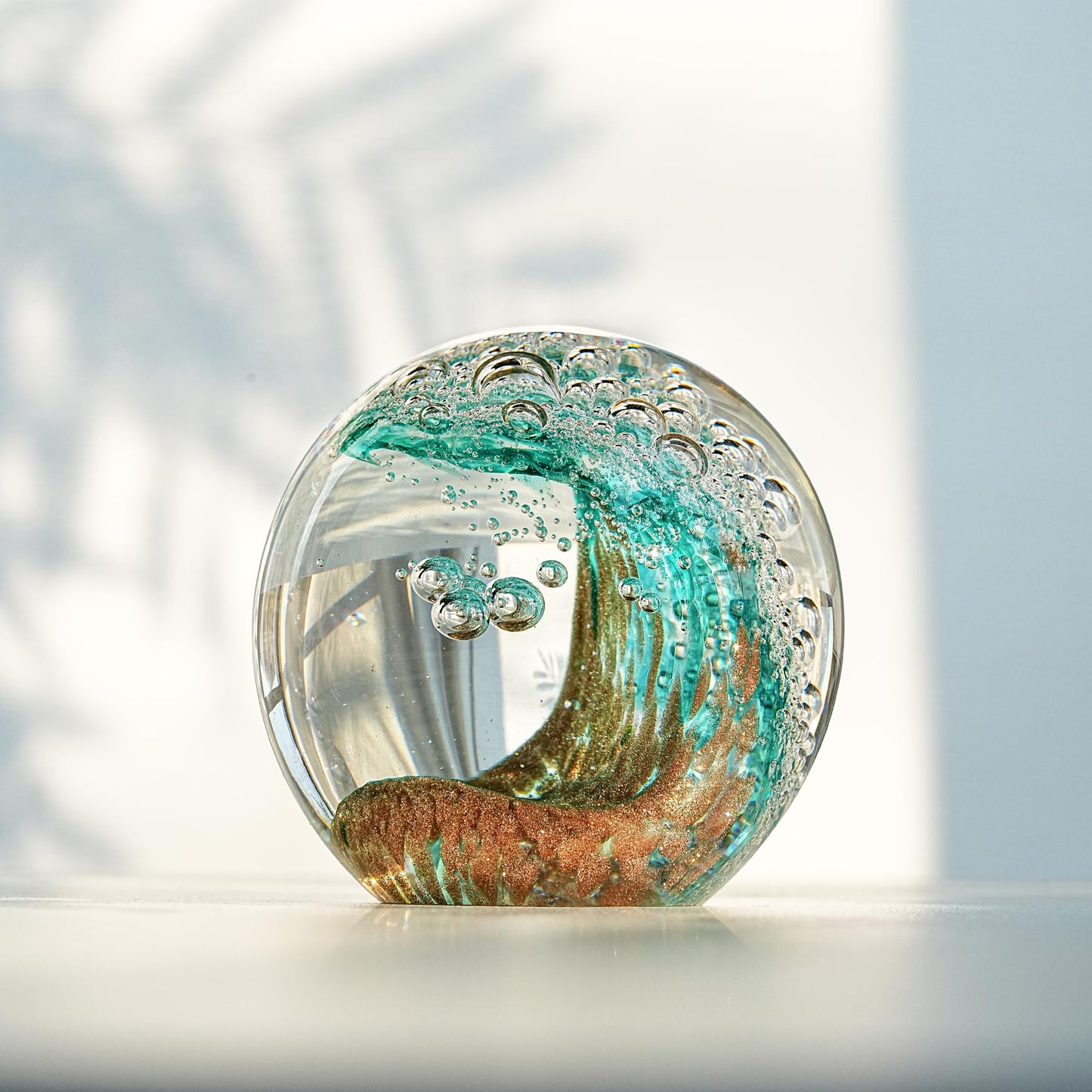 Hand Blown Glass Ocean Wave Ball, 2.3" Blue Sea Wave Crystal Figurine Paperweight, Decorative Glass Sphere Ornament for Home Office, Nautical Decor Collectible, Birthday Gift for Ocean Lovers