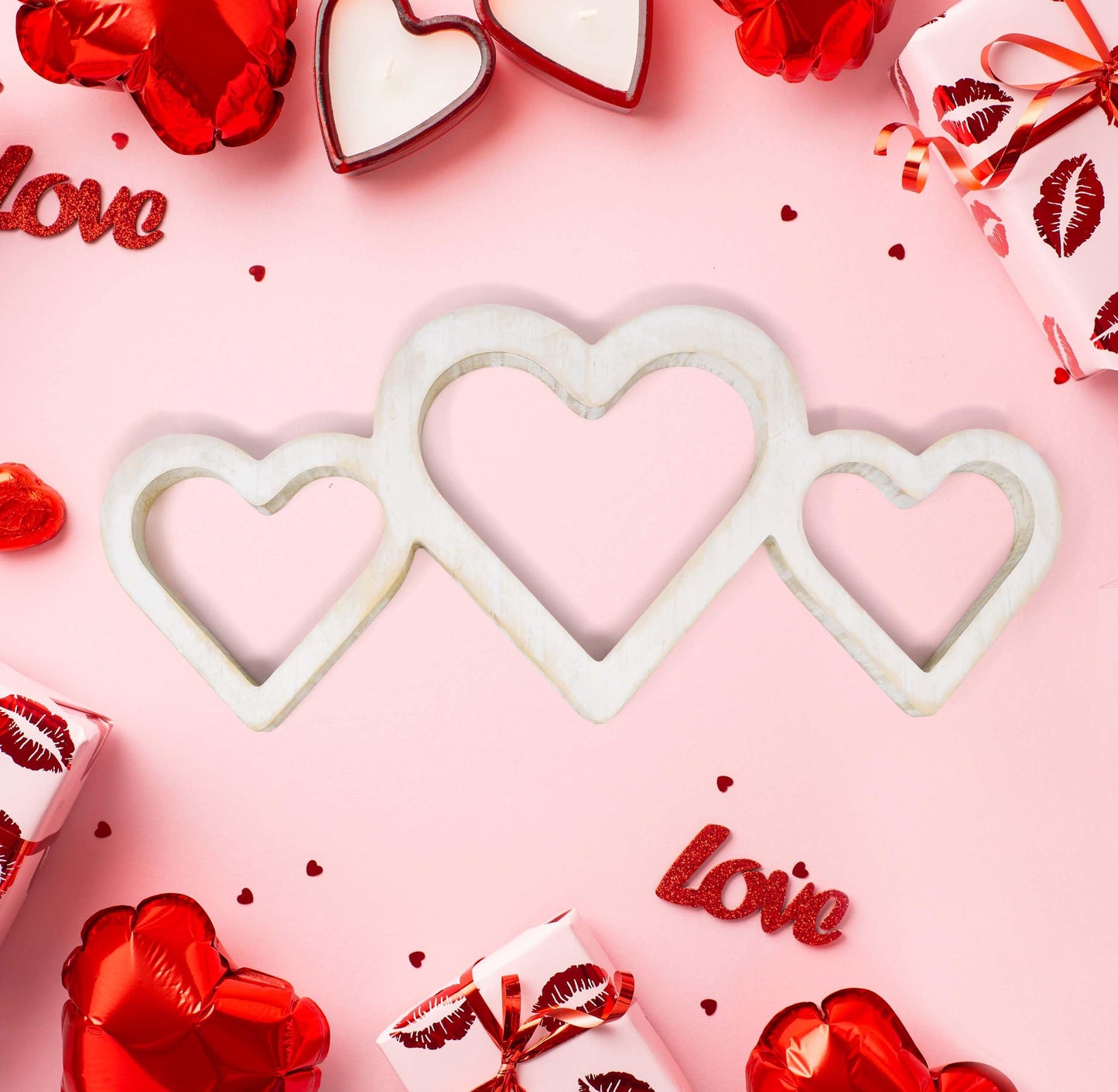 Gift Boutique Valentine's Day White Rustic Triple Heart Shaped Sign Decor Love Hearts Wooden Cutout Wall Table Tiered Tray Centerpiece Home Decoration
