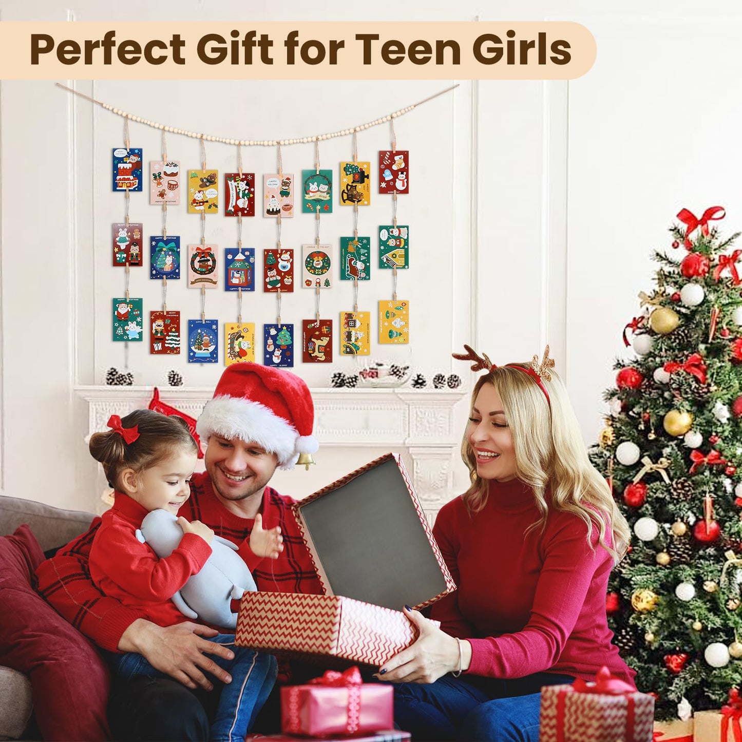 KLOGTSIND Hanging Photo Display with Clips Wall Decor, Boho Wooden Beads Garland Picture Banner, Collage Card Kids Art Holder Photo String with 28 Clips for Room Dorm Decor, Christmas Teen Girl Gifts
