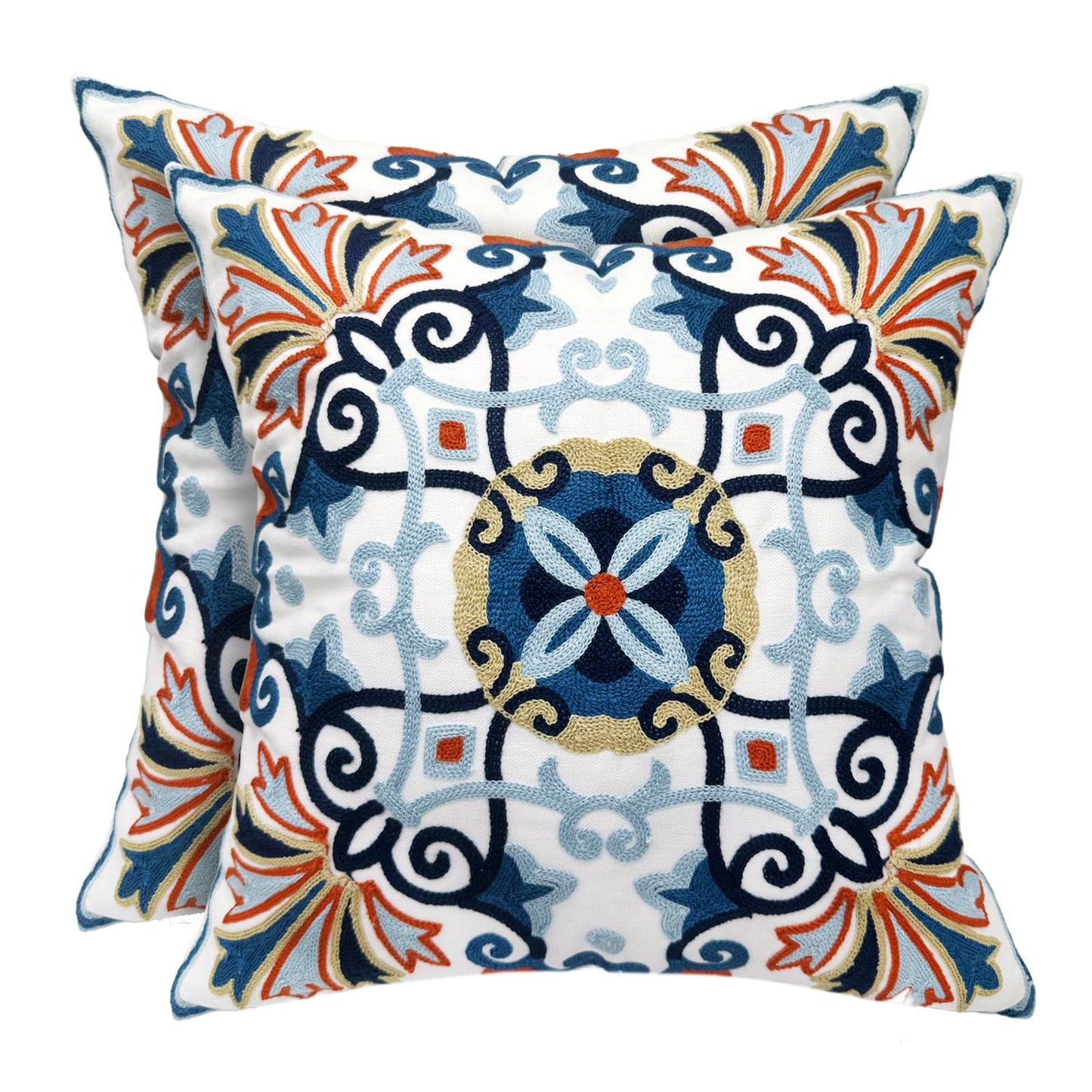 Alysheer Embroidered Fall Decorative Throw Pillow Cover 18"x 18" Set of 2, Boho Navy Blue Floral Embroidery Patterned Cotton Cushion Case for Sofa Couch Living Room Bedroom Outdoor