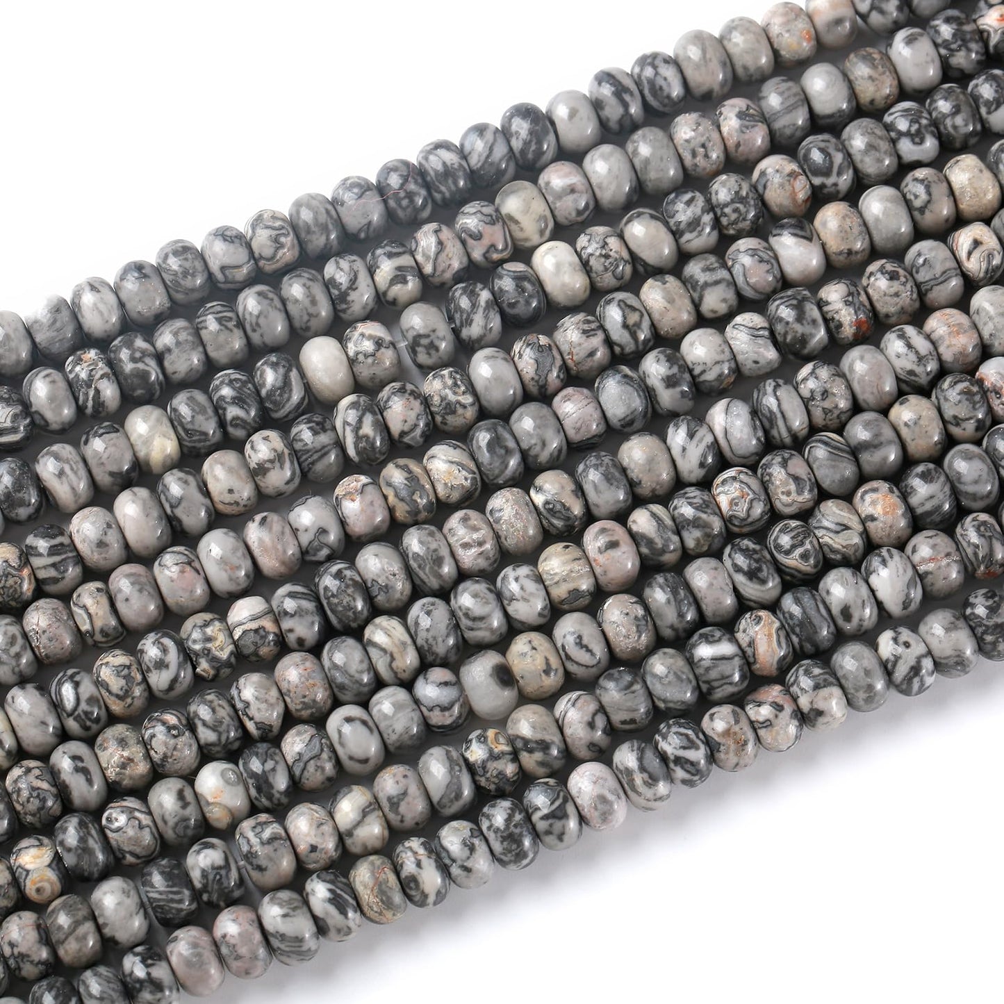 76pcs 5x8mm Natural Stone Gray Map Jasper Rondelle Spacer Loose Beads Abacus Disk Stone Round Loose Gemstone Beads for Jewelry Making DIY Bracelet Necklace