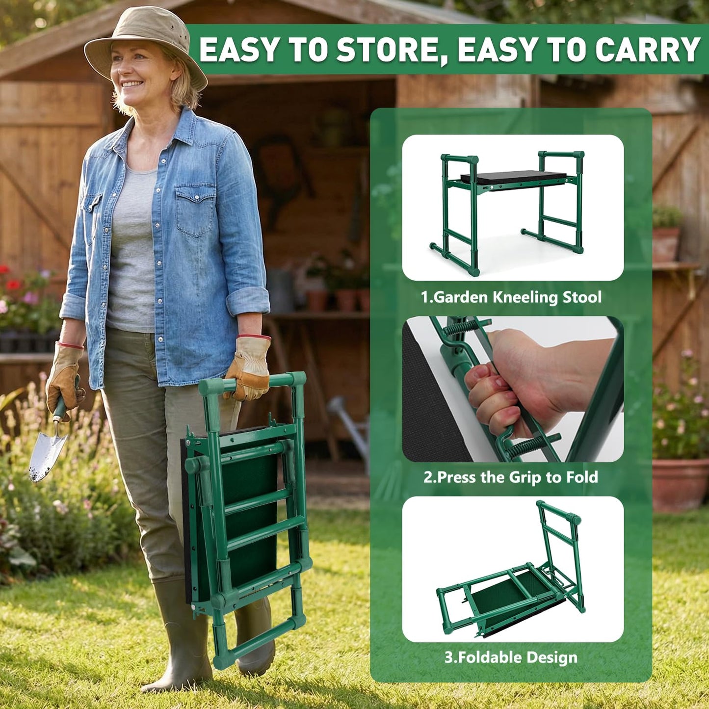 Garden Kneeler and Seat for Seniors – Heavy Duty Anti-Tip Gardening Stool with Widened Thick Soft Kneeling Pad, Foldable Garden Bench with Sturdy Handles, Gardening Gifts for Women Men Mom (Green)