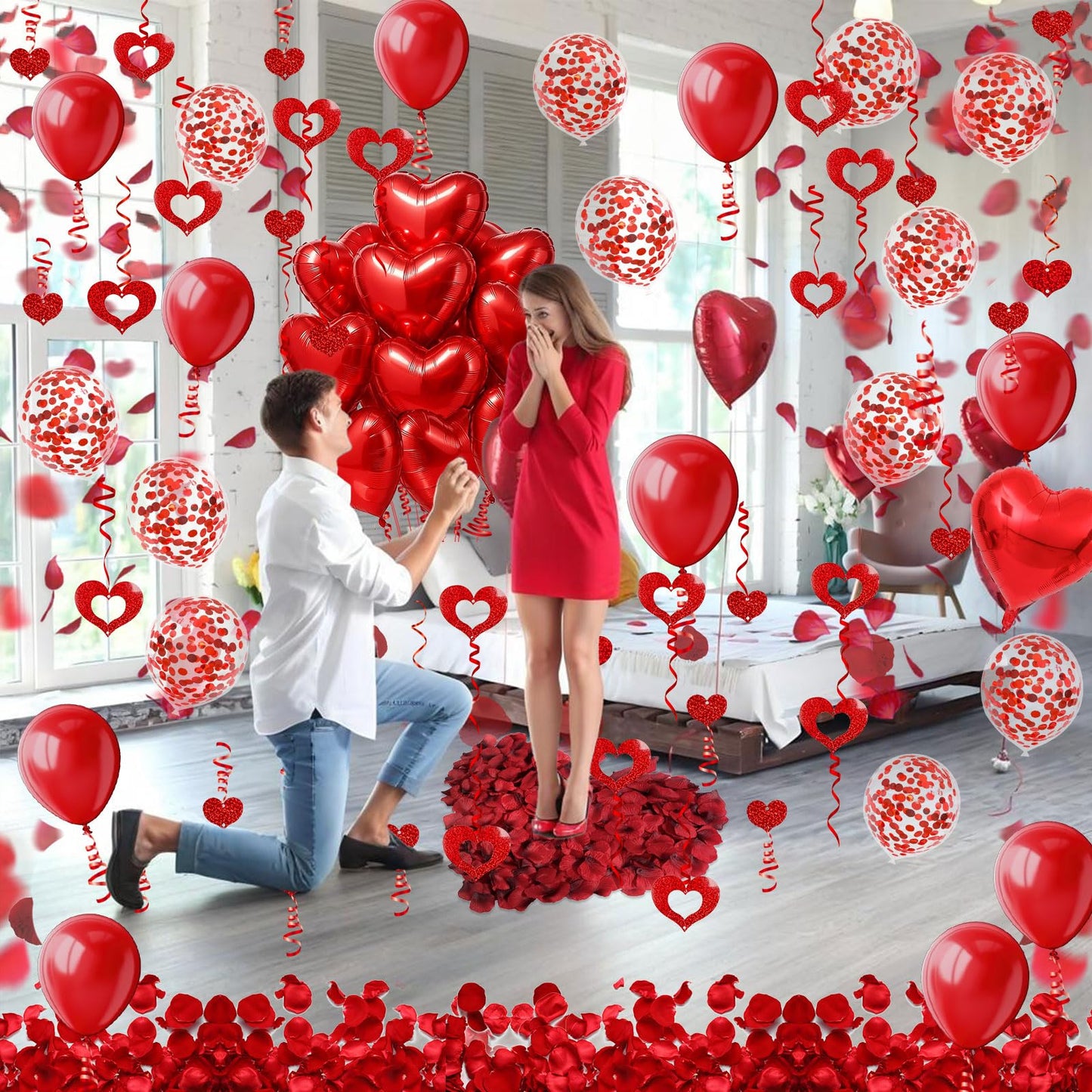 Heart-Shaped Aluminum Foil Balloon,Red Latex balloons,Confetti Balloon,Fake Petals and Hanging Streamer for Valentines Wedding Bridal Shower Anniversary Engagement Party Supplies Decorations