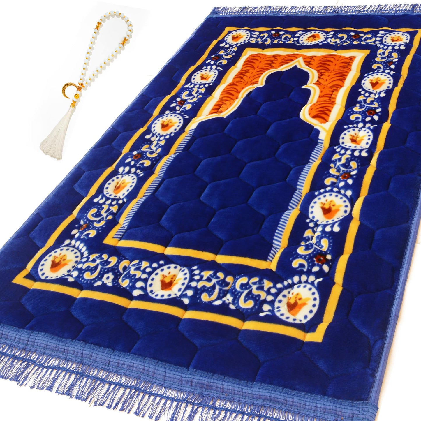 YAZEIN Prayer Rug Muslim Mat Islamic - Padded Very Thick Prayer Rug Sajadah for Men Women with Islam Prayer Beads, Soft and Luxury (31.5" x 47.2", Royal Blue)