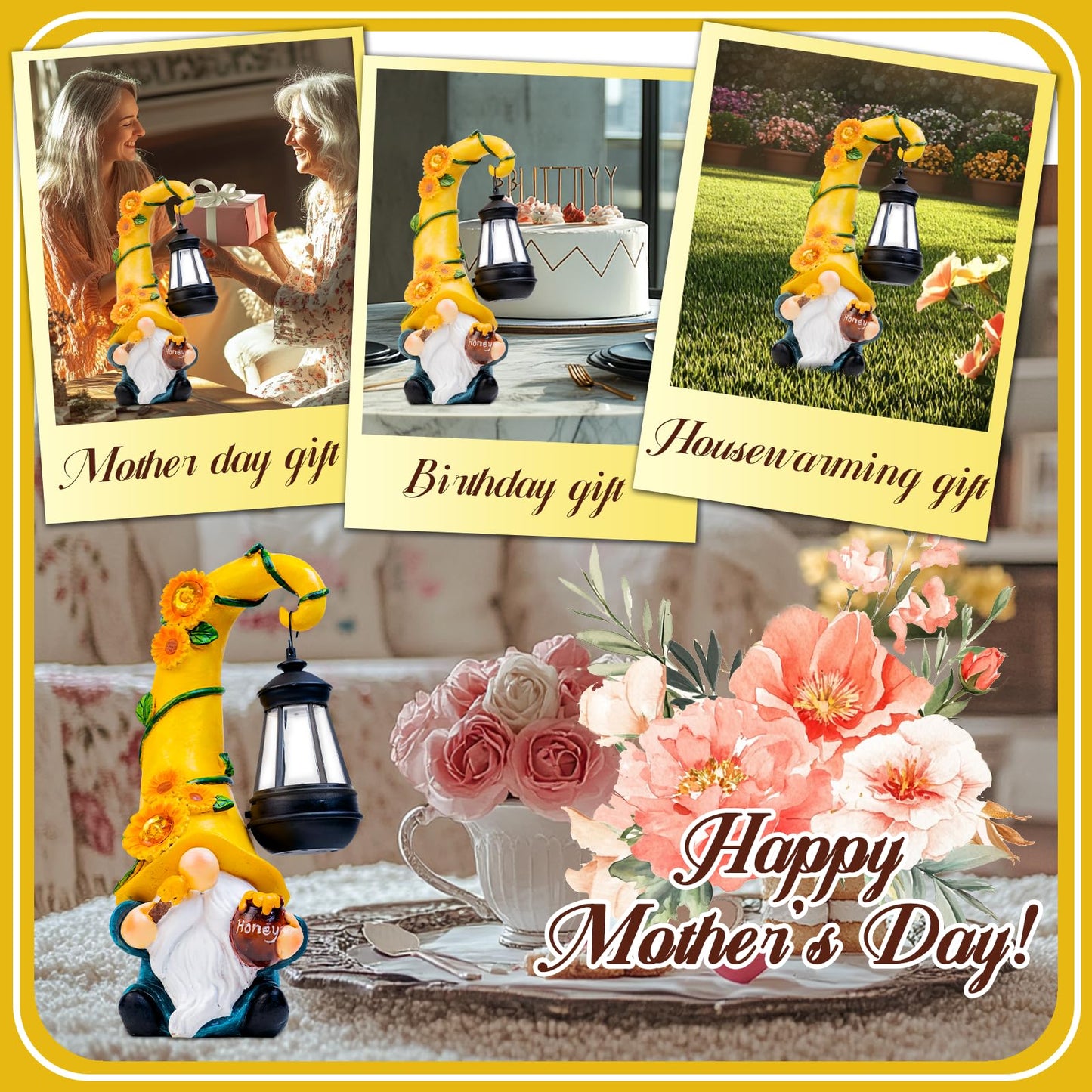 Mothers Day Gifts - Garden Gnome Statue with Solar Lights Large Garden Sculptures Funny Bee Gnome Outdoor Patio Lawn Yard Garden Decor Birthday Gifts for Women Mom 12 in Summer Gnomes Outdoor