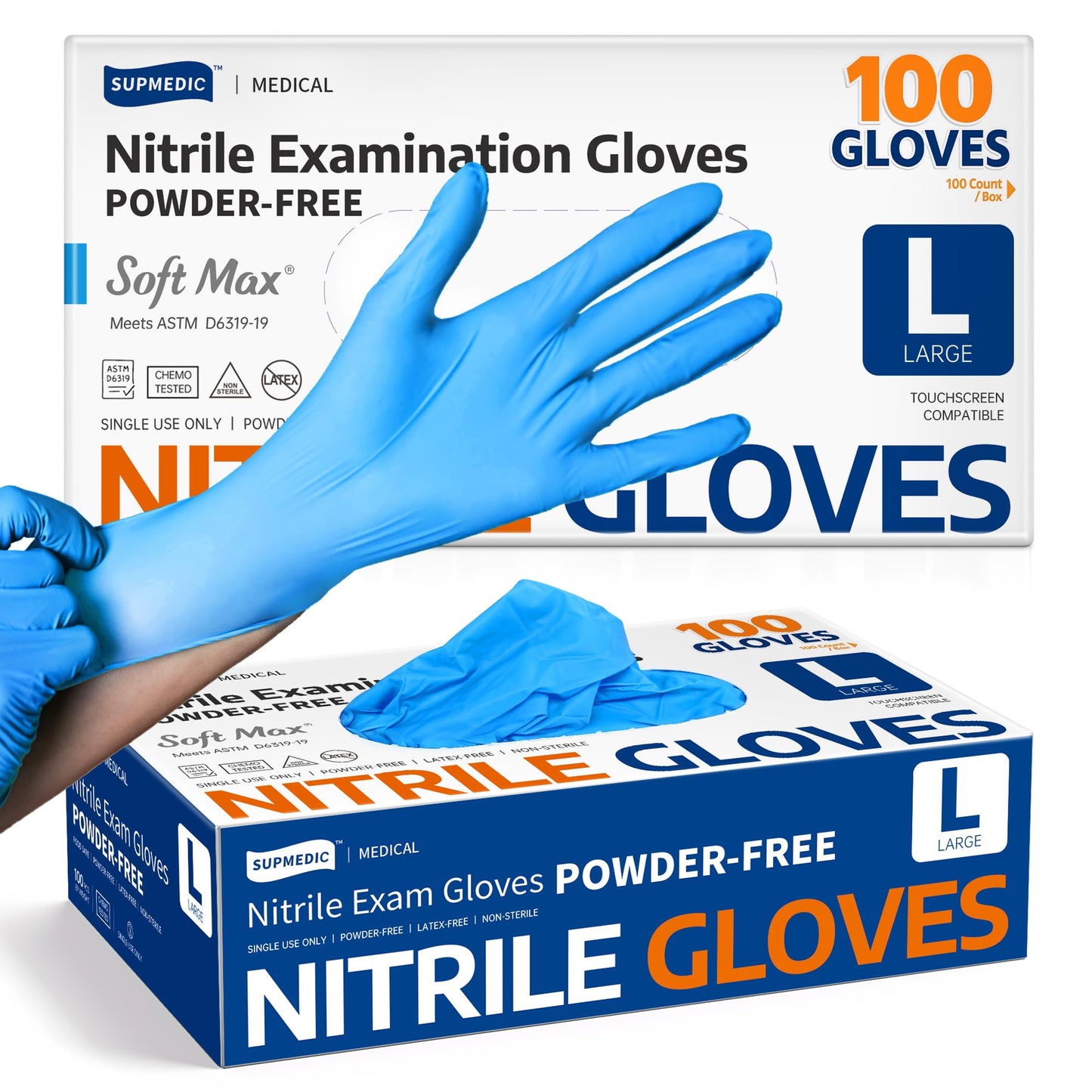 Supmedic Medical Nitrile Exam Gloves, Latex-Free, Powder-Free, Food Safe, Cooking Food Prep, Disposable Gloves, Blue, 100 Pcs (Large)