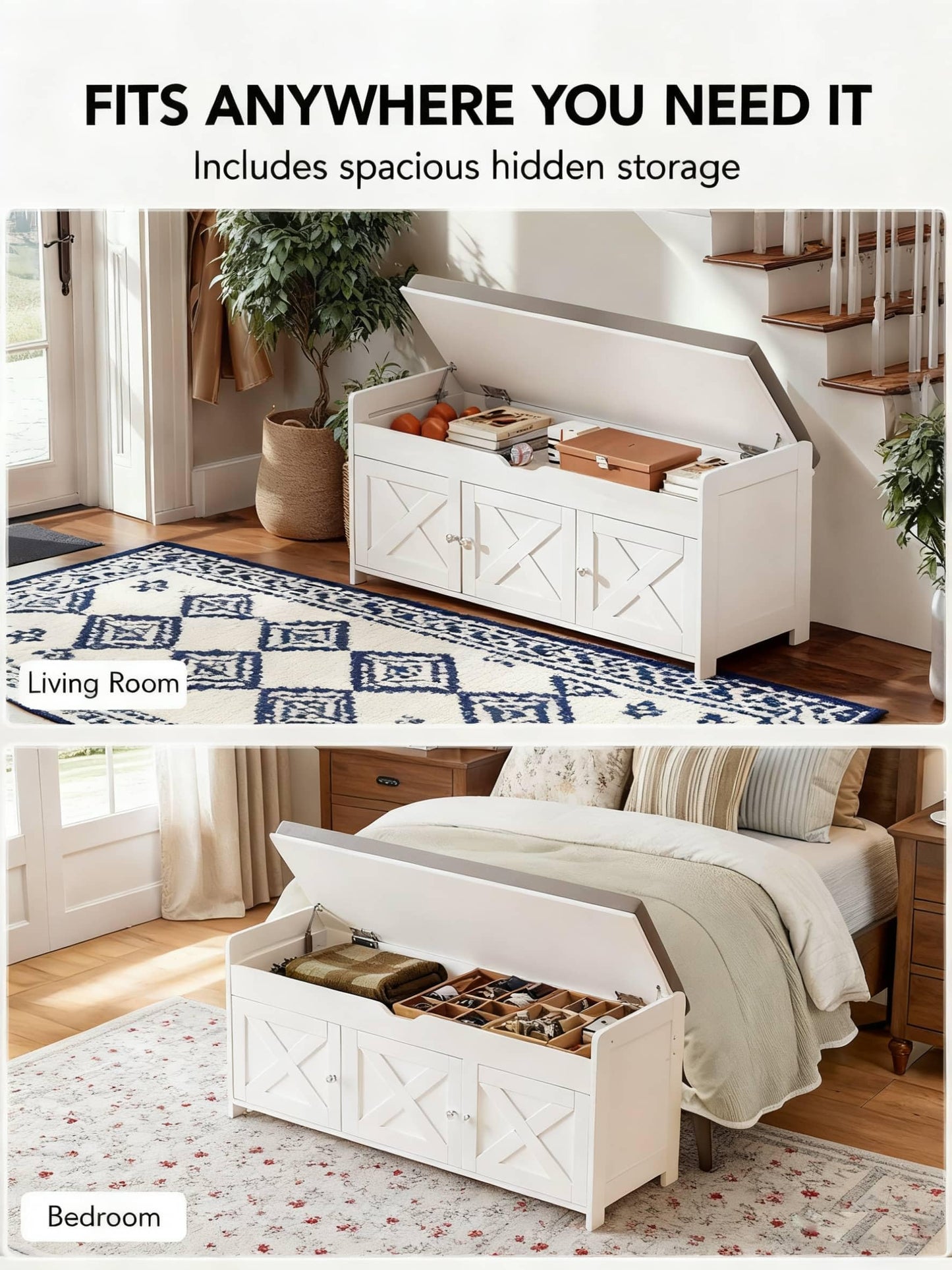 Amada Farmhouse Shoe Storage Bench with Cushion, 3 Doors & Lift-Top Storage, Adjustable Shelves, 300 lbs Capacity Entryway Bench for Bedroom, Living Room, Classic White